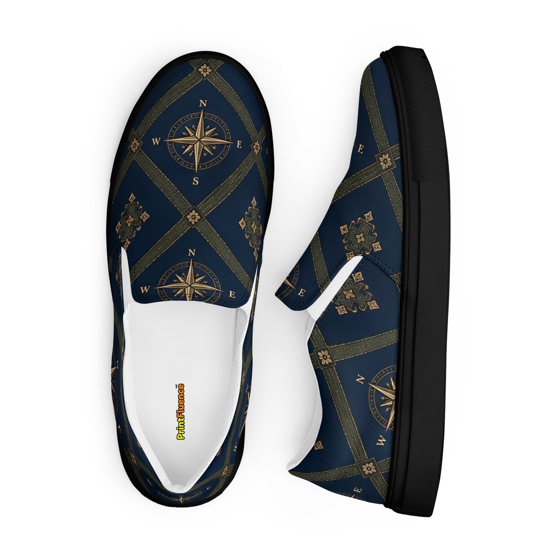 Men’s slip-on canvas shoes - Monochrome Majesty: Men’s Slip-On Canvas Shoes - Classic Black & White Paisley Art by printfluence.net