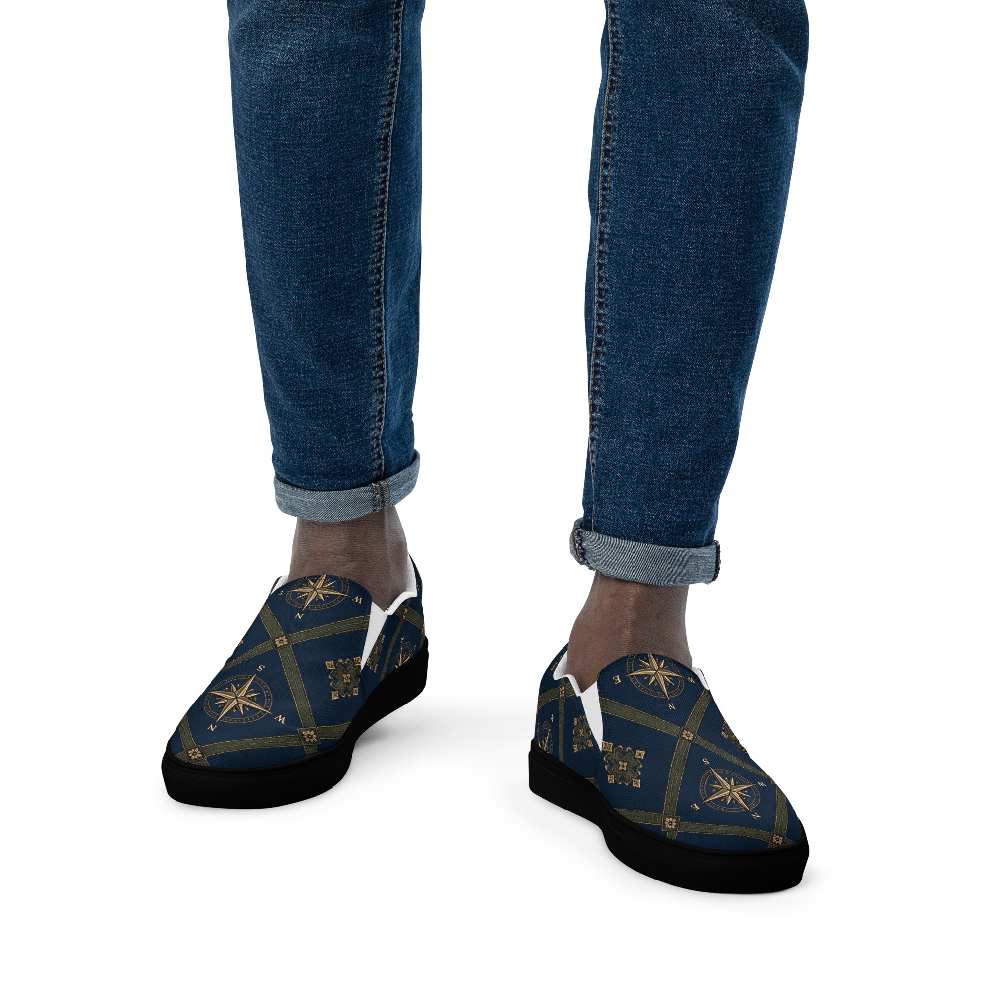 Men’s slip-on canvas shoes - Monochrome Majesty: Men’s Slip-On Canvas Shoes - Classic Black & White Paisley Art by printfluence.net
