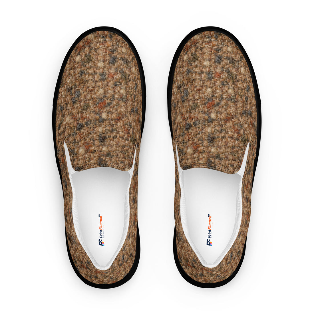 Heritage Bloom Lovers | Men’s Slip-On Canvas Shoes — Classic Brown Donegal Tweed Wool Textured Pattern by printfluence