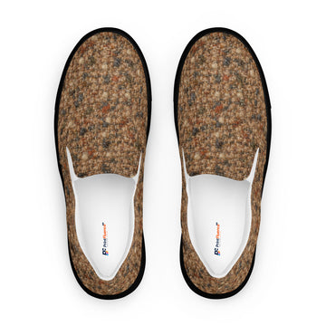 Heritage Bloom Lovers | Men’s Slip-On Canvas Shoes — Classic Brown Donegal Tweed Wool Textured Pattern by printfluence