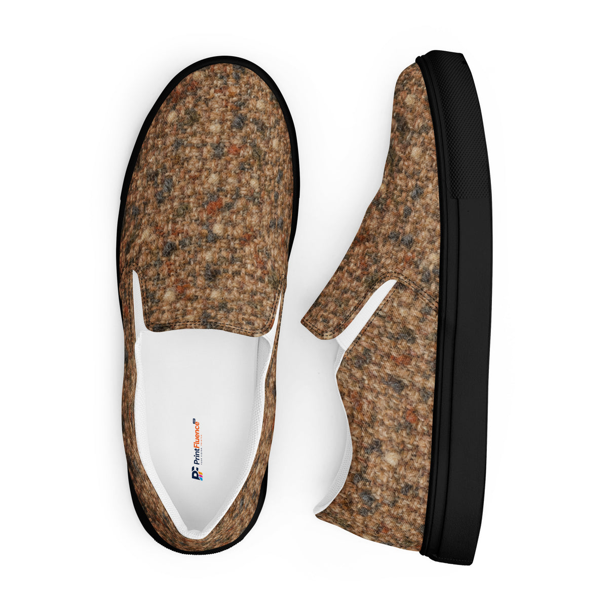 Heritage Bloom Lovers | Men’s Slip-On Canvas Shoes — Classic Brown Donegal Tweed Wool Textured Pattern by printfluence