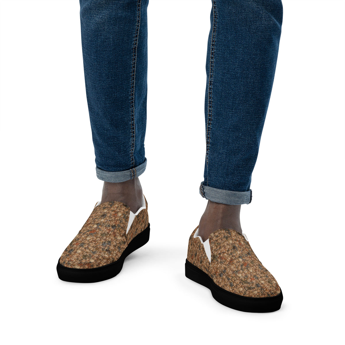 Heritage Bloom Lovers | Men’s Slip-On Canvas Shoes — Classic Brown Donegal Tweed Wool Textured Pattern by printfluence