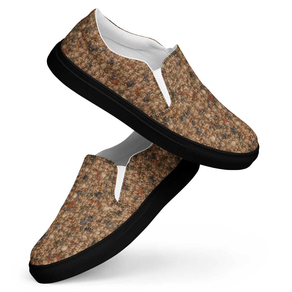 Heritage Bloom Lovers | Men’s Slip-On Canvas Shoes — Classic Brown Donegal Tweed Wool Textured Pattern by printfluence