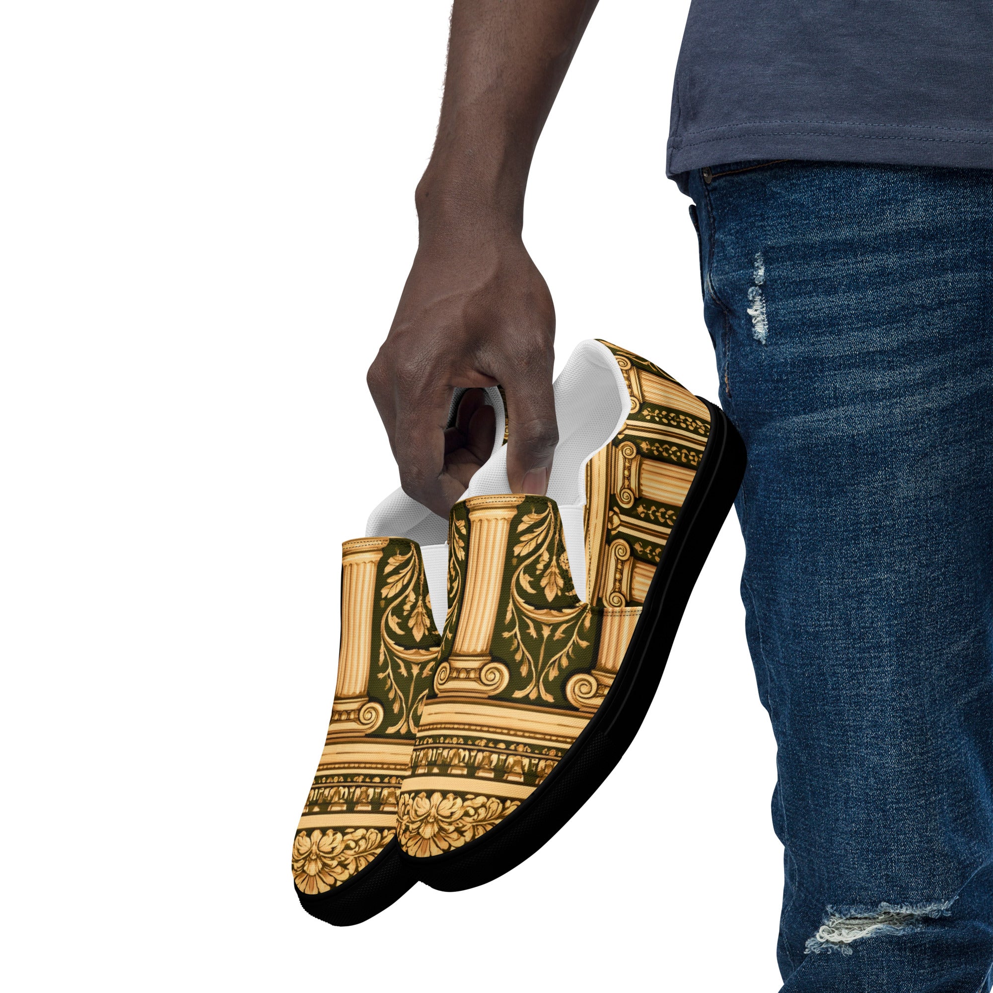 Men’s slip-on canvas shoes - Neoclassical Columns Slip-On Canvas Shoes – Elegant Gold Greek Pattern Men’s by printfluence.net