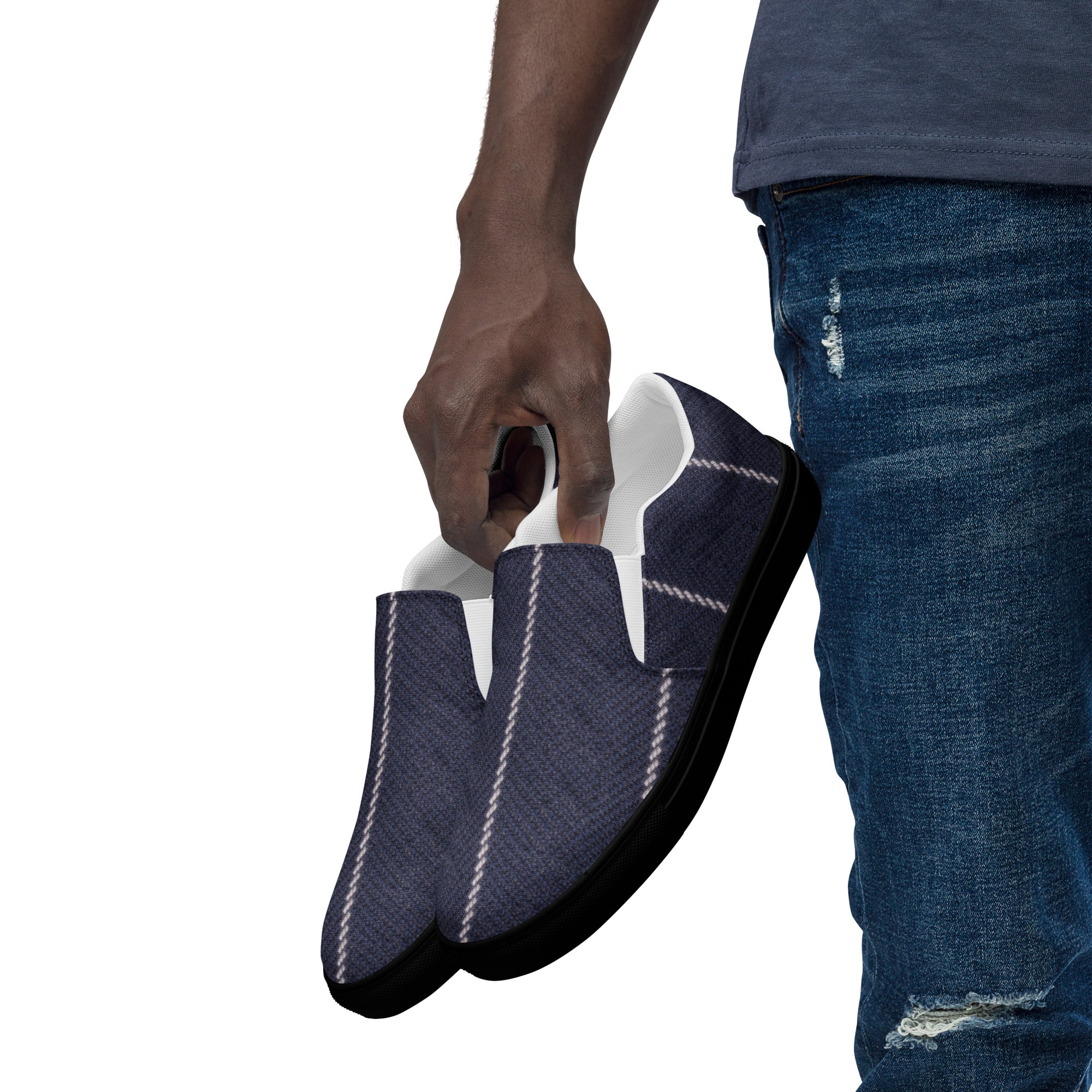 Men’s slip-on canvas shoes - Navy Pinstripe Slip-On Canvas Shoes – Men's Classic Casual Sneakers by printfluence.net