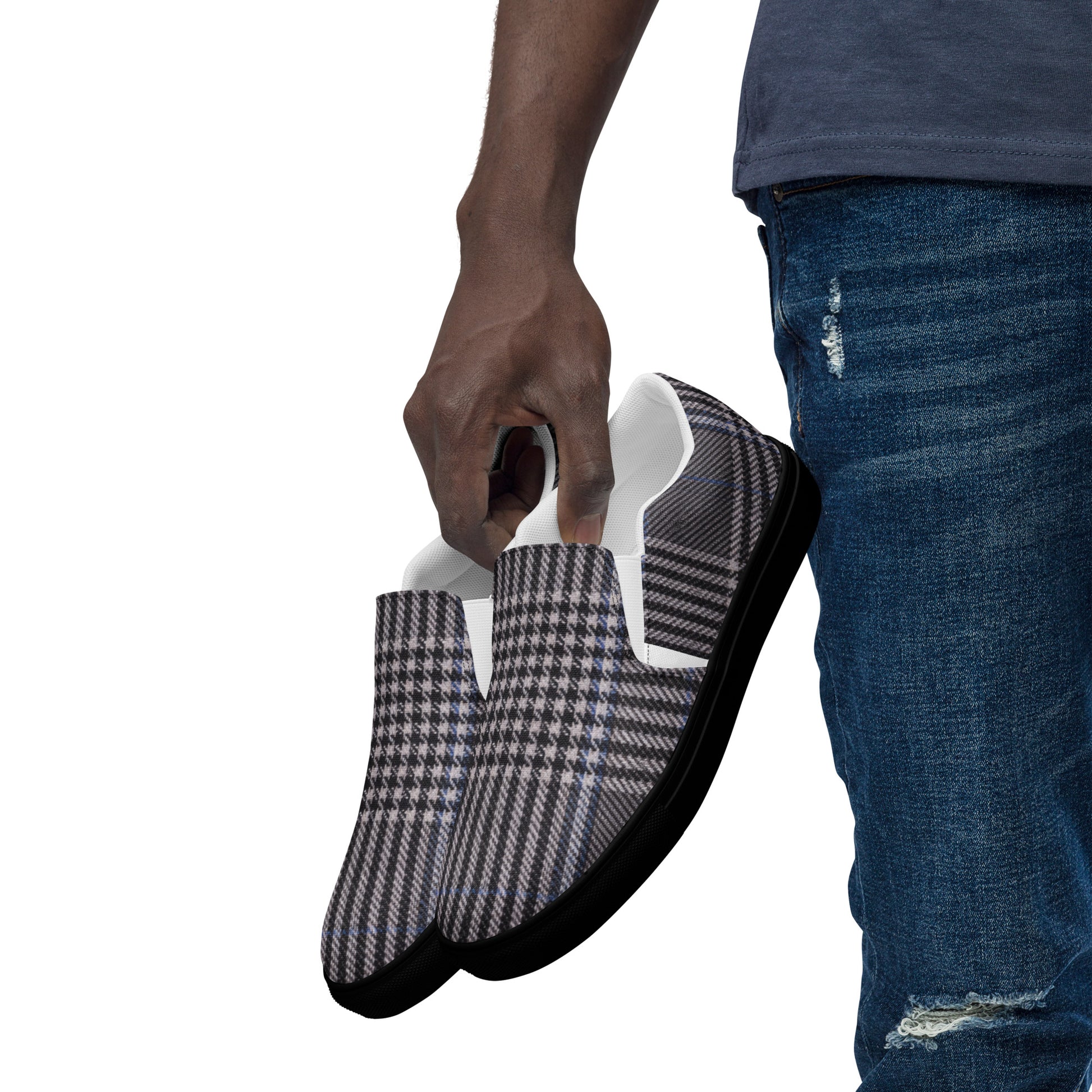 Men’s slip-on canvas shoes - Urban Heritage: Classic Grey Plaid Men’s Slip-On Canvas Shoes 👞✨ by printfluence.net