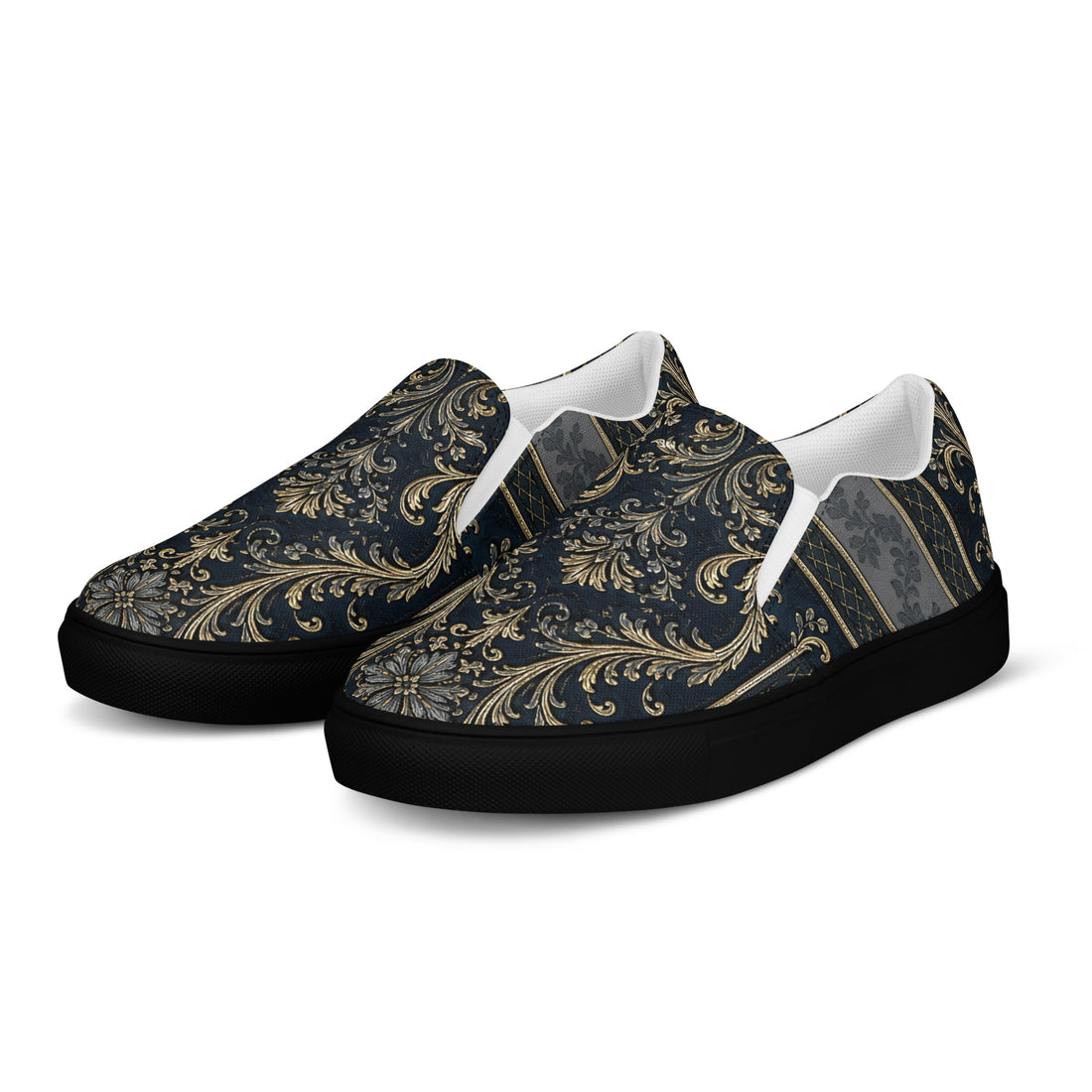Men’s slip-on canvas shoes - Royal Midnight: Men’s Slip-On Canvas Shoes - Vintage Gold & Navy Baroque Art by printfluence.net