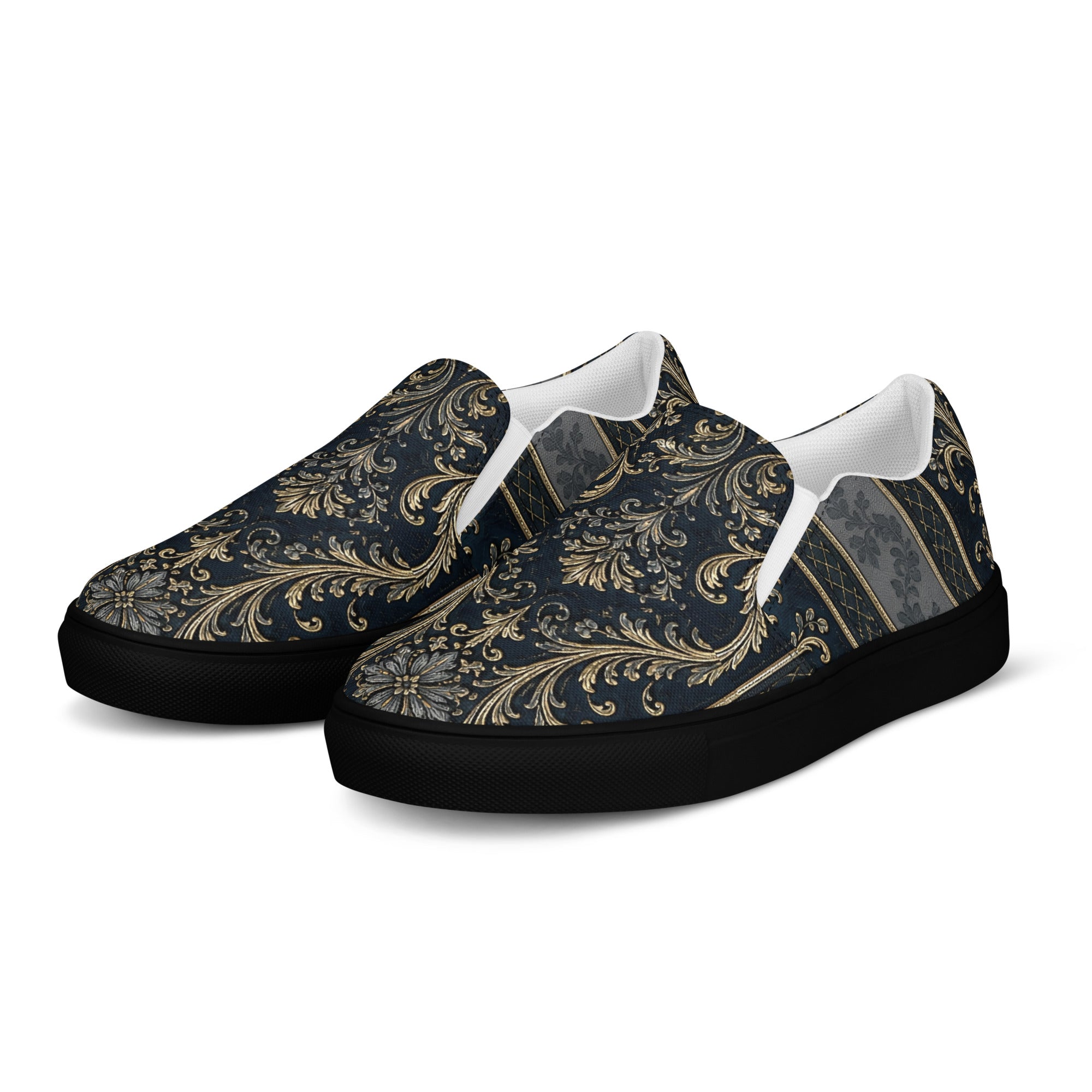 Men’s slip-on canvas shoes - Royal Midnight: Men’s Slip-On Canvas Shoes - Vintage Gold & Navy Baroque Art by printfluence.net