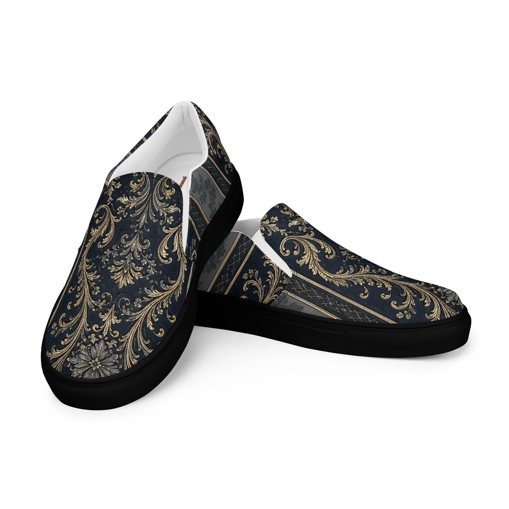 Men’s slip-on canvas shoes - Royal Midnight: Men’s Slip-On Canvas Shoes - Vintage Gold & Navy Baroque Art by printfluence.net