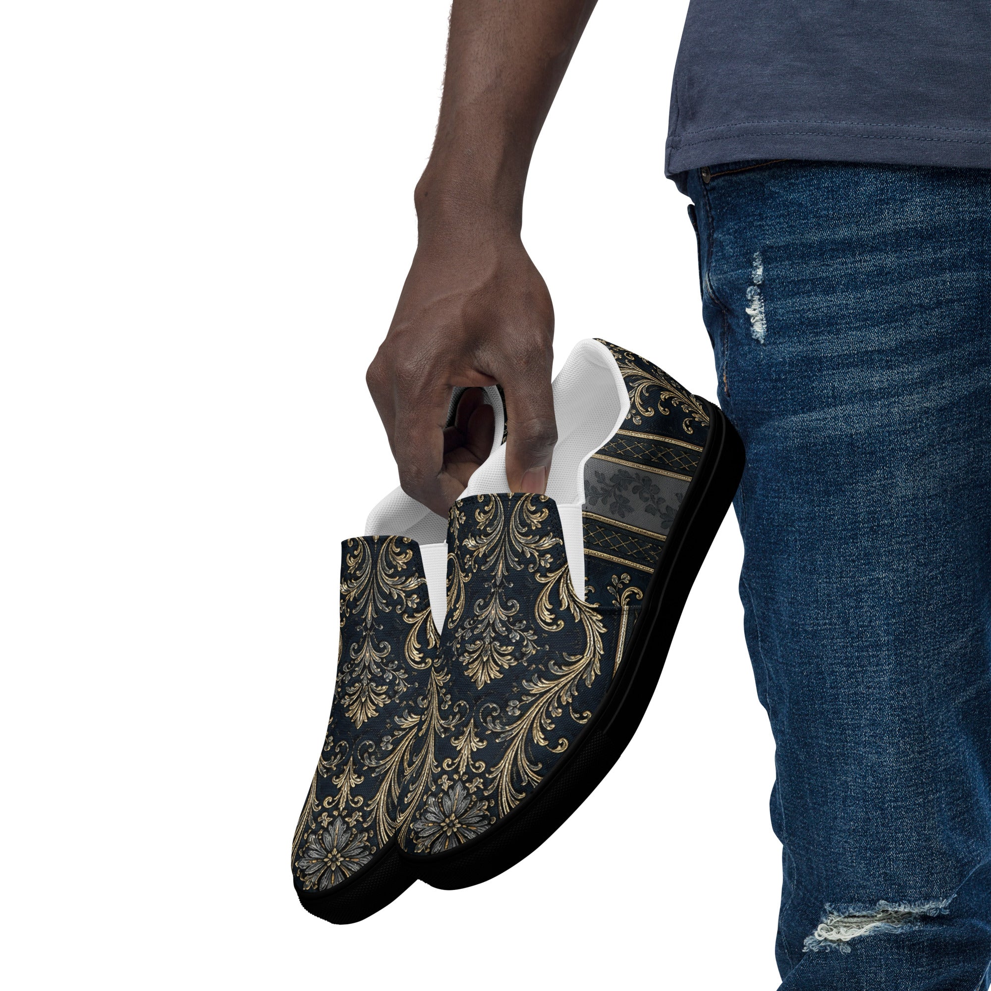Men’s slip-on canvas shoes - Royal Midnight: Men’s Slip-On Canvas Shoes - Vintage Gold & Navy Baroque Art by printfluence.net