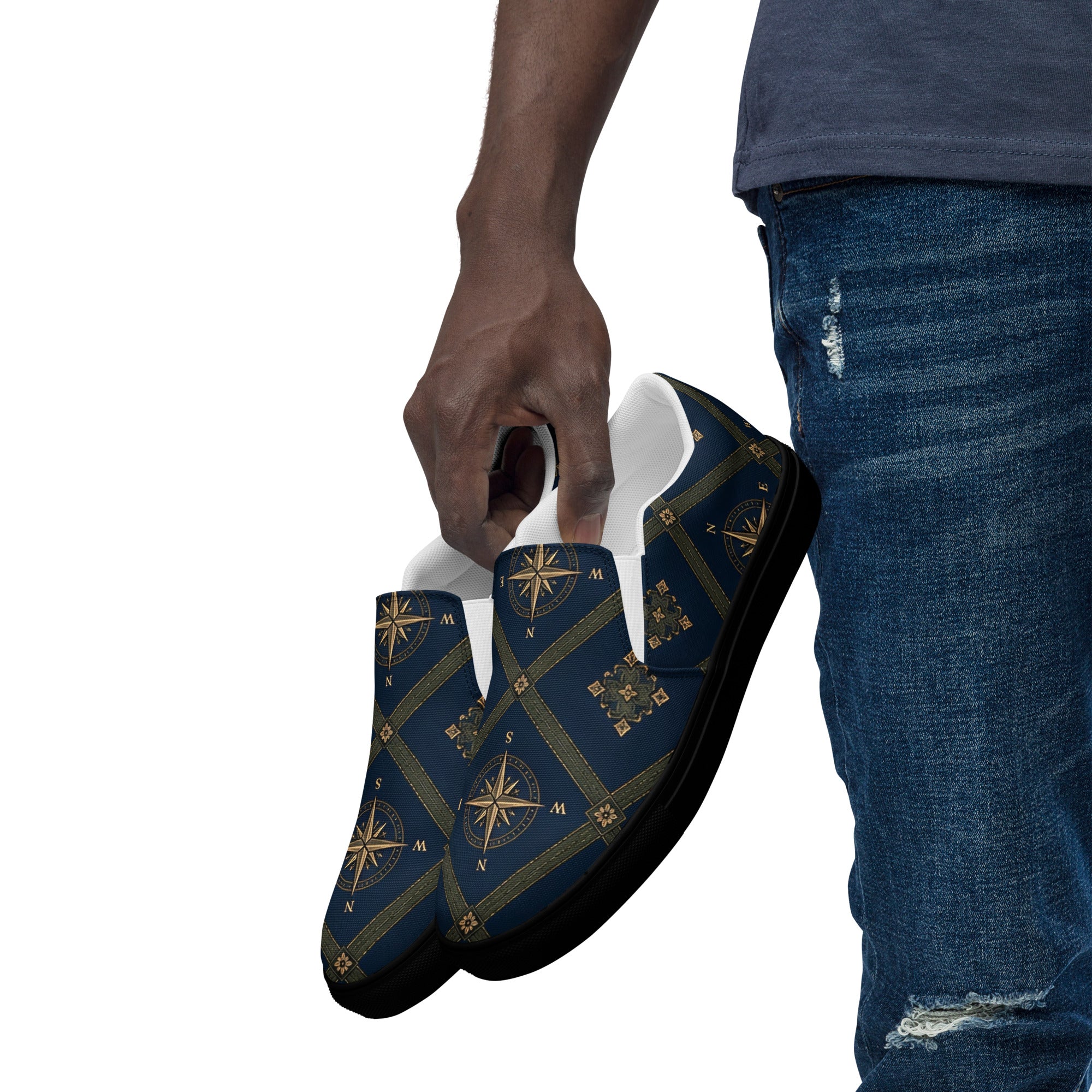 Men’s slip-on canvas shoes - Monochrome Majesty: Men’s Slip-On Canvas Shoes - Classic Black & White Paisley Art by printfluence.net