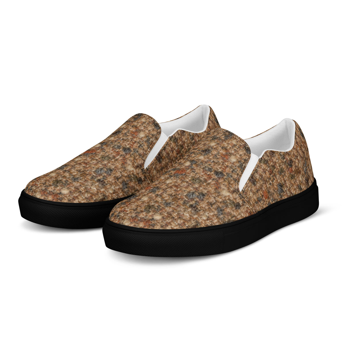 Heritage Bloom Lovers | Men’s Slip-On Canvas Shoes — Classic Brown Donegal Tweed Wool Textured Pattern by printfluence
