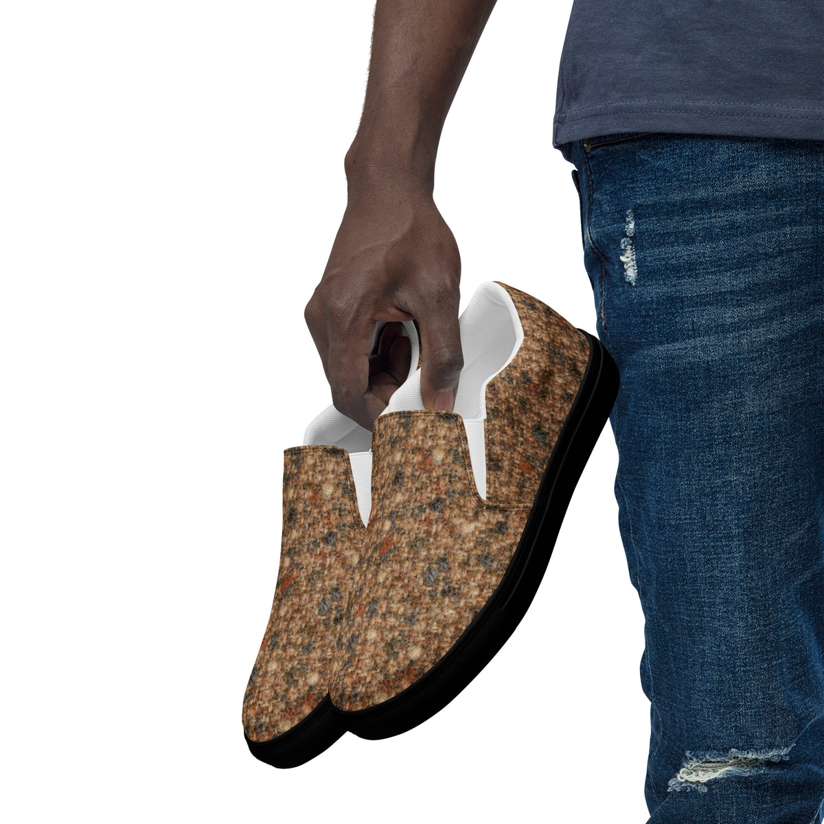 Heritage Bloom Lovers | Men’s Slip-On Canvas Shoes — Classic Brown Donegal Tweed Wool Textured Pattern by printfluence