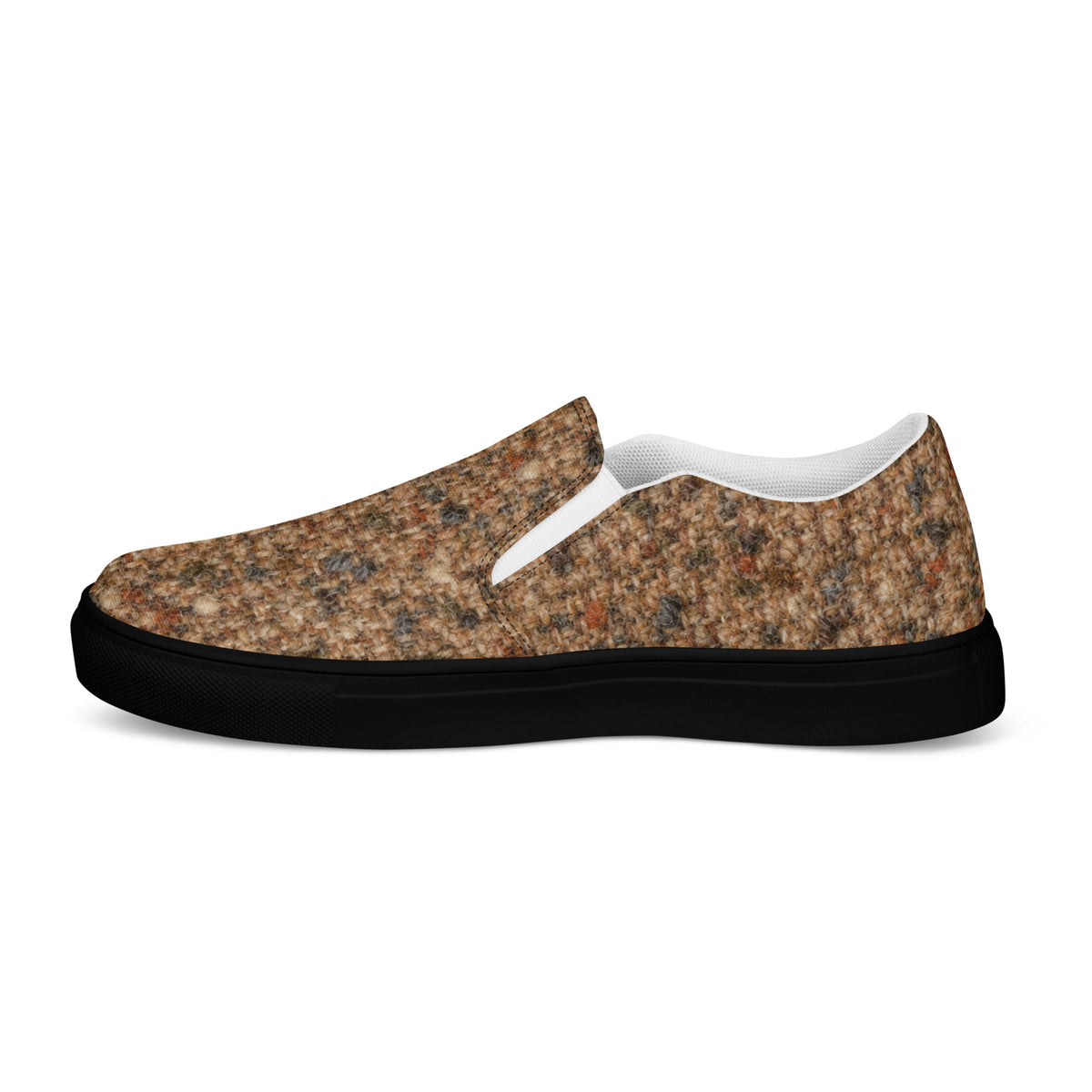 Heritage Bloom Lovers | Men’s Slip-On Canvas Shoes — Classic Brown Donegal Tweed Wool Textured Pattern by printfluence