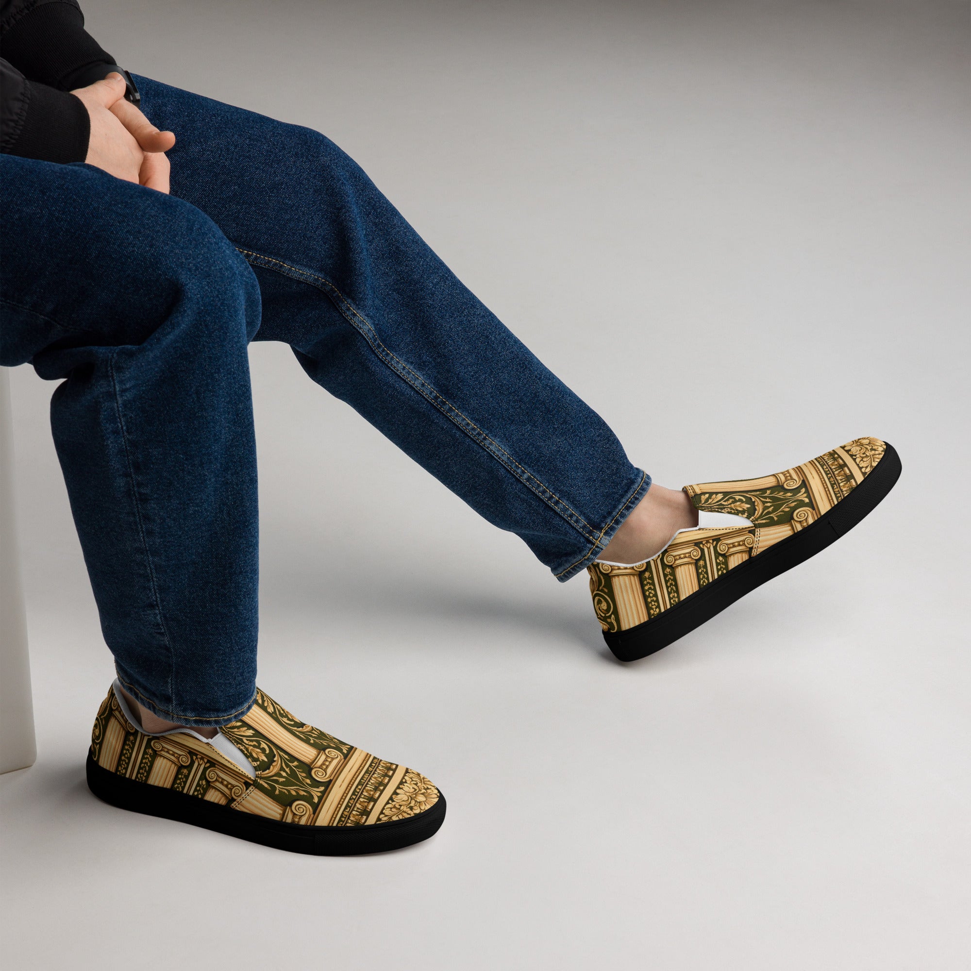 Men’s slip-on canvas shoes - Neoclassical Columns Slip-On Canvas Shoes – Elegant Gold Greek Pattern Men’s by printfluence.net