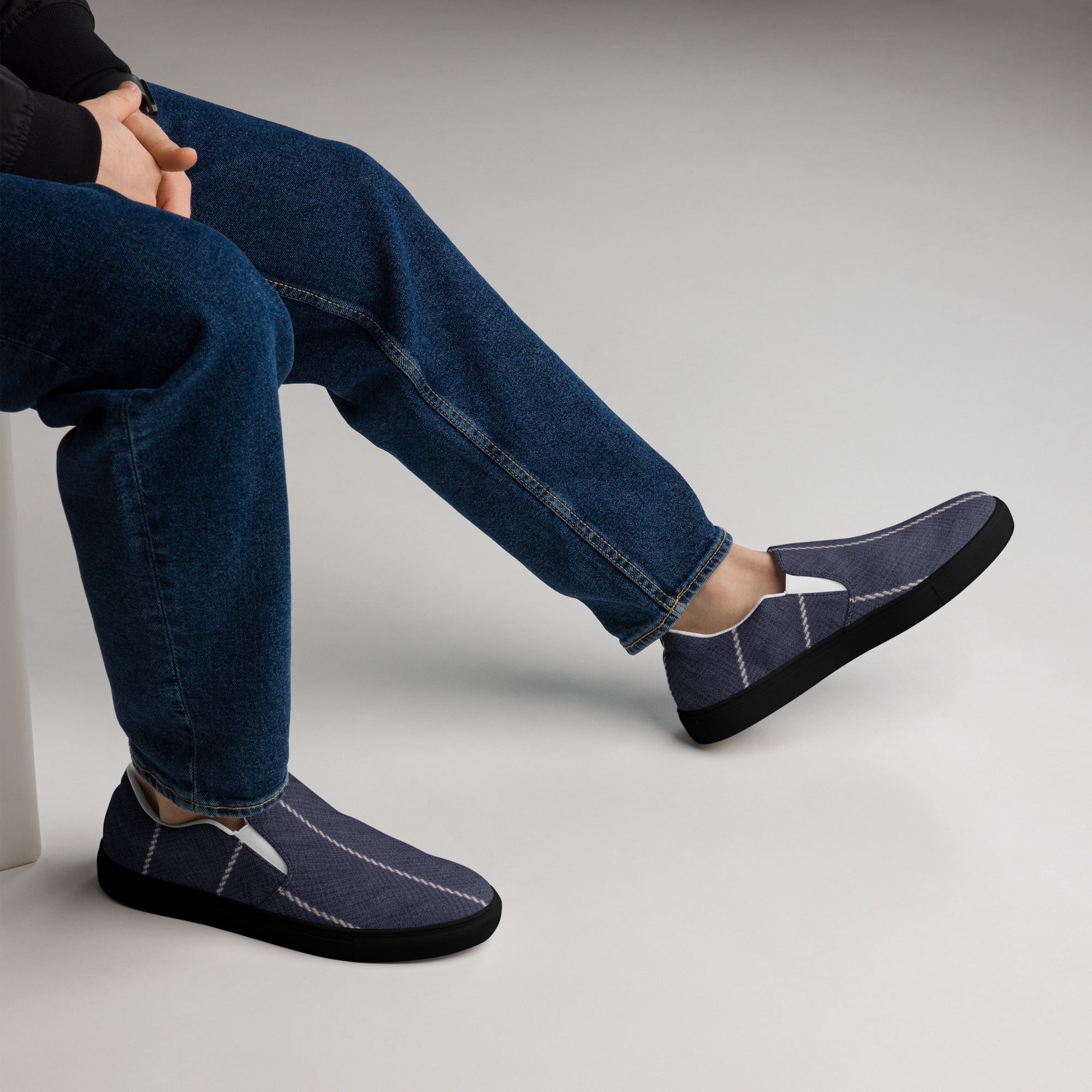 Men’s slip-on canvas shoes - Navy Pinstripe Slip-On Canvas Shoes – Men's Classic Casual Sneakers by printfluence.net