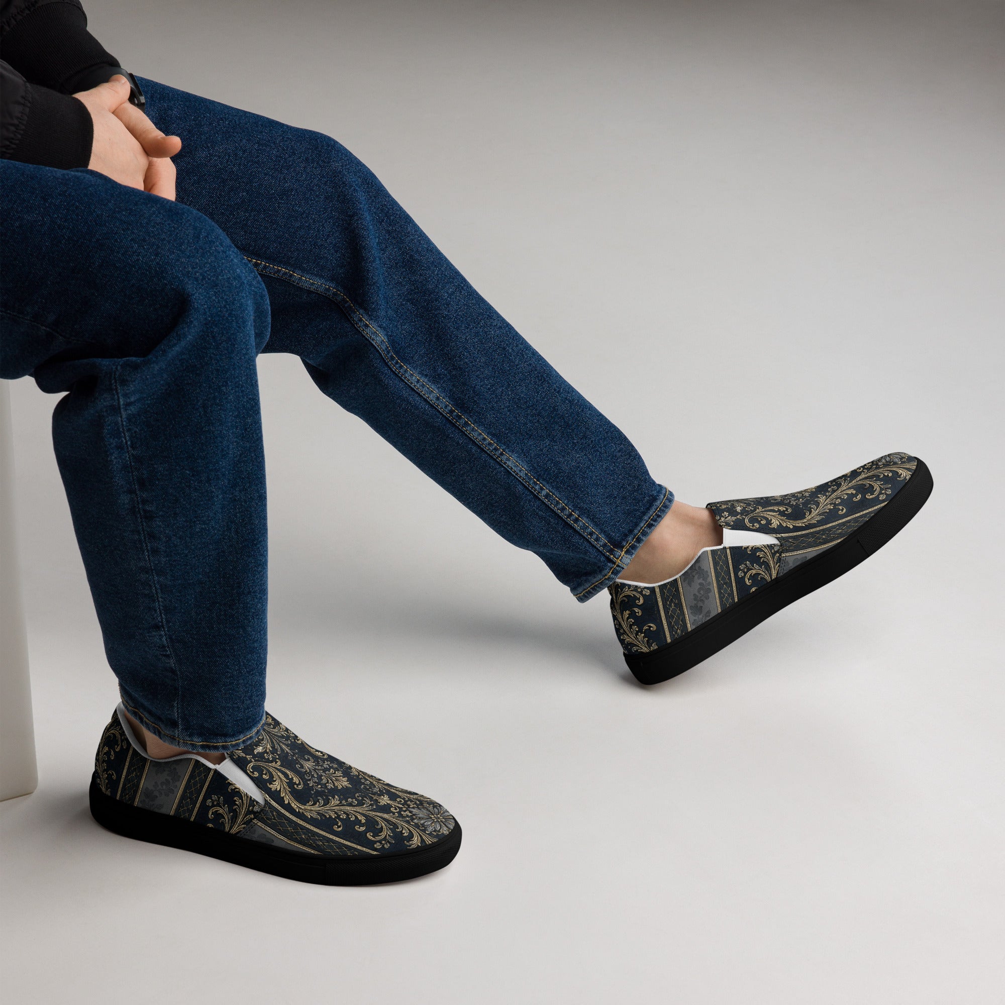 Men’s slip-on canvas shoes - Royal Midnight: Men’s Slip-On Canvas Shoes - Vintage Gold & Navy Baroque Art by printfluence.net