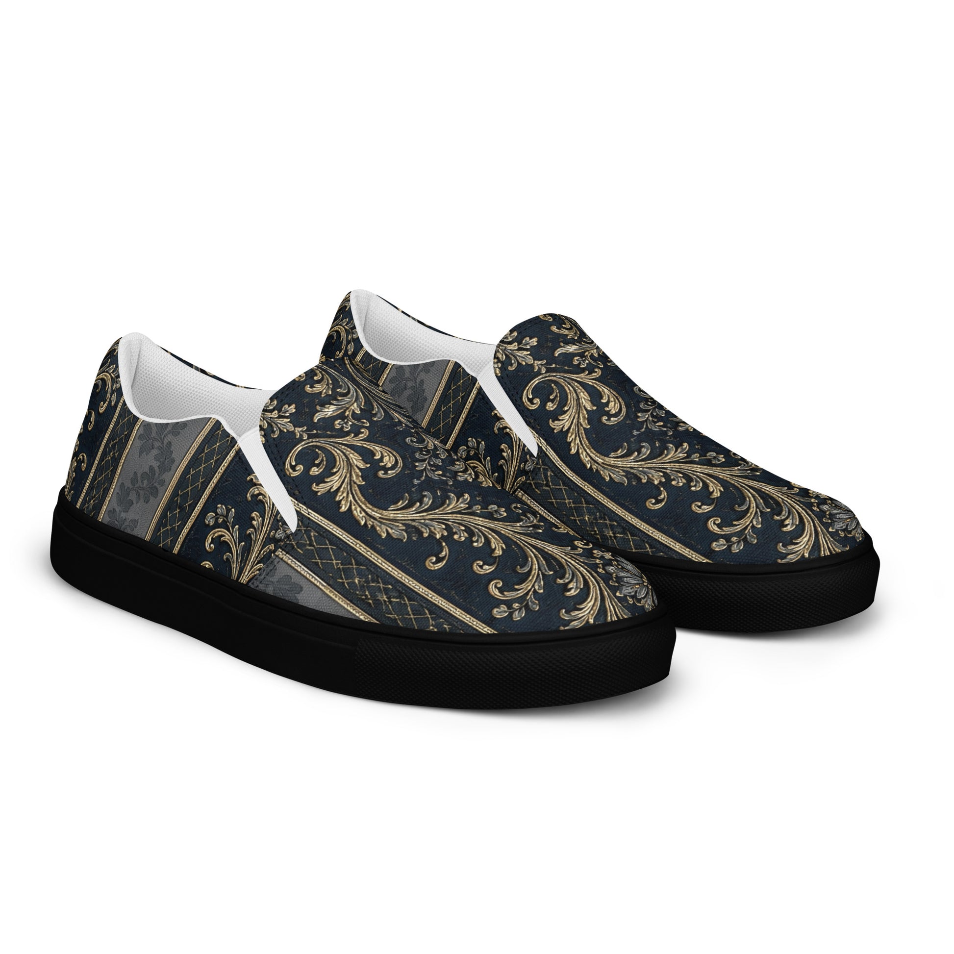 Men’s slip-on canvas shoes - Royal Midnight: Men’s Slip-On Canvas Shoes - Vintage Gold & Navy Baroque Art by printfluence.net