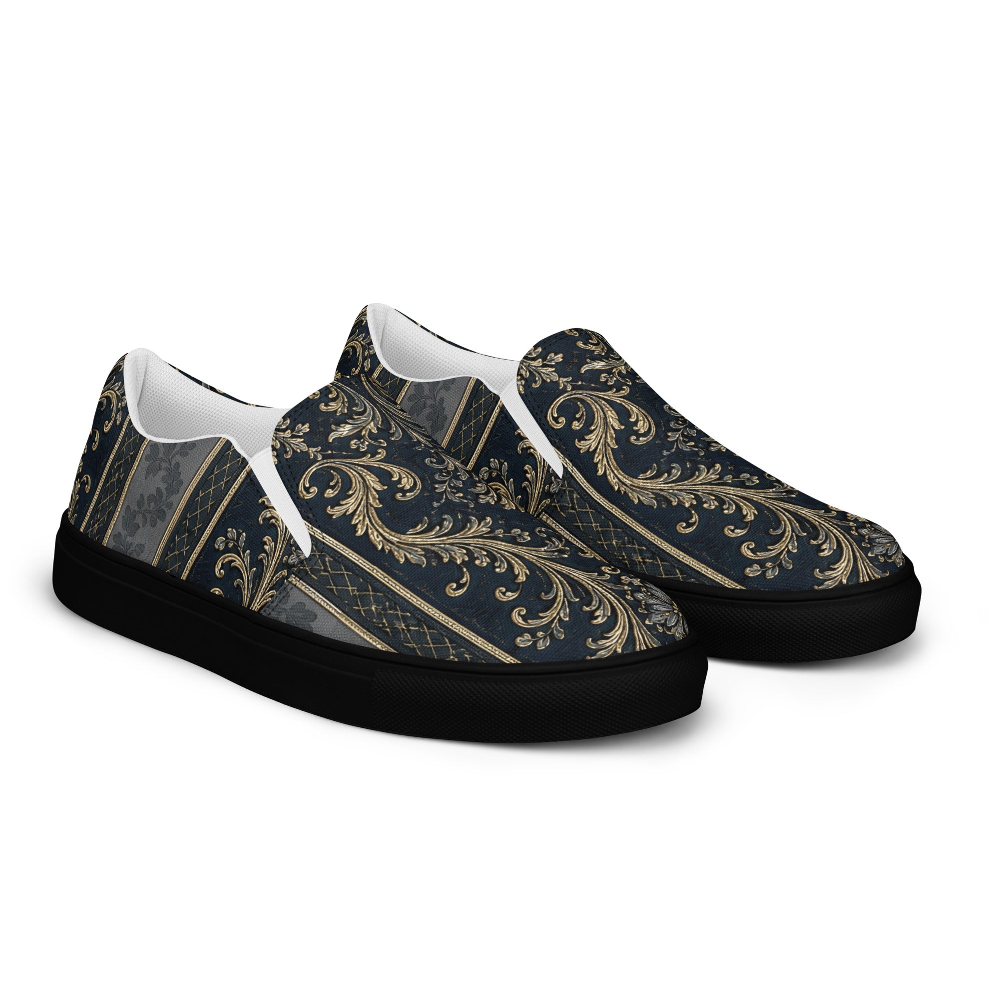 Men’s slip-on canvas shoes - Royal Midnight: Men’s Slip-On Canvas Shoes - Vintage Gold & Navy Baroque Art by printfluence.net