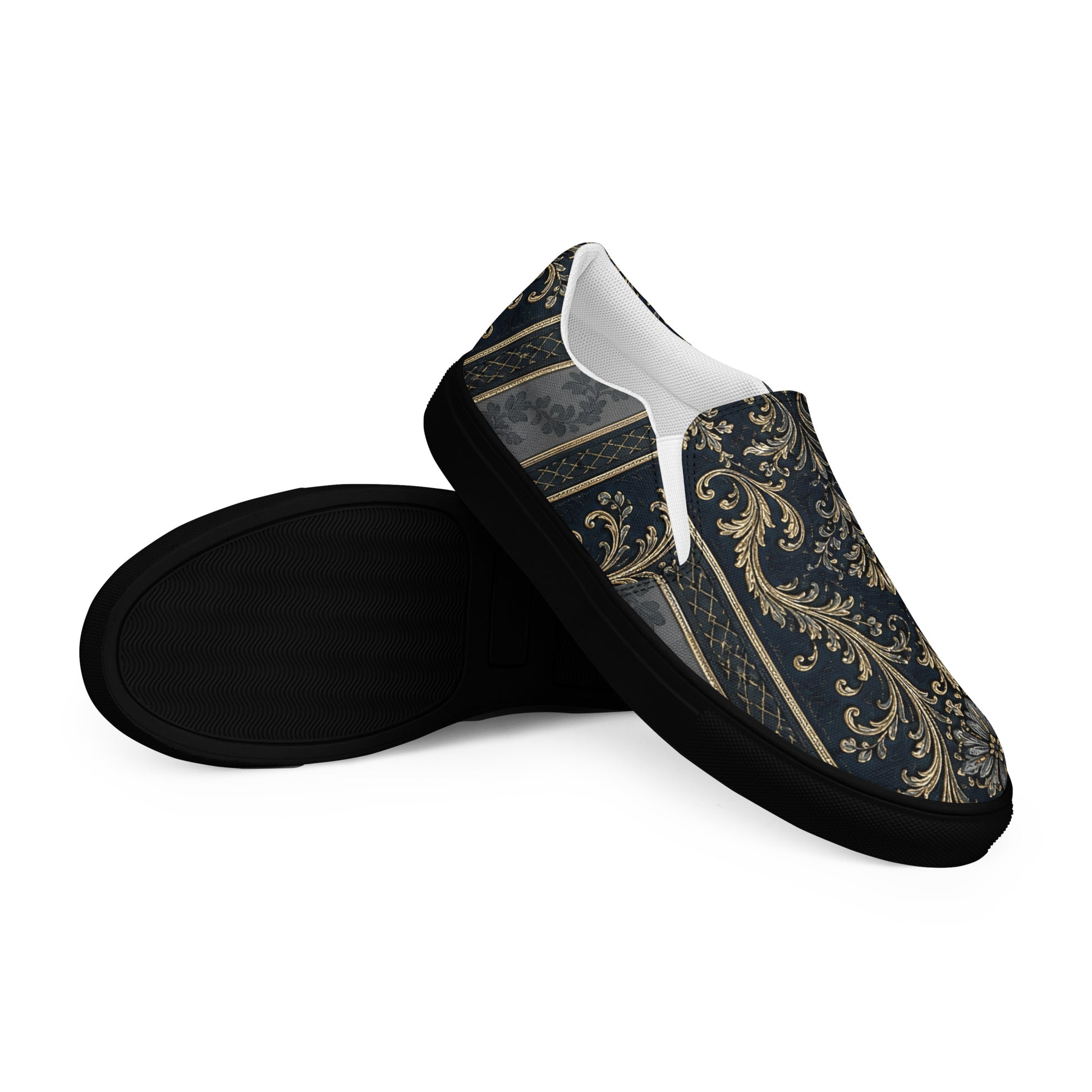 Men’s slip-on canvas shoes - Royal Midnight: Men’s Slip-On Canvas Shoes - Vintage Gold & Navy Baroque Art by printfluence.net
