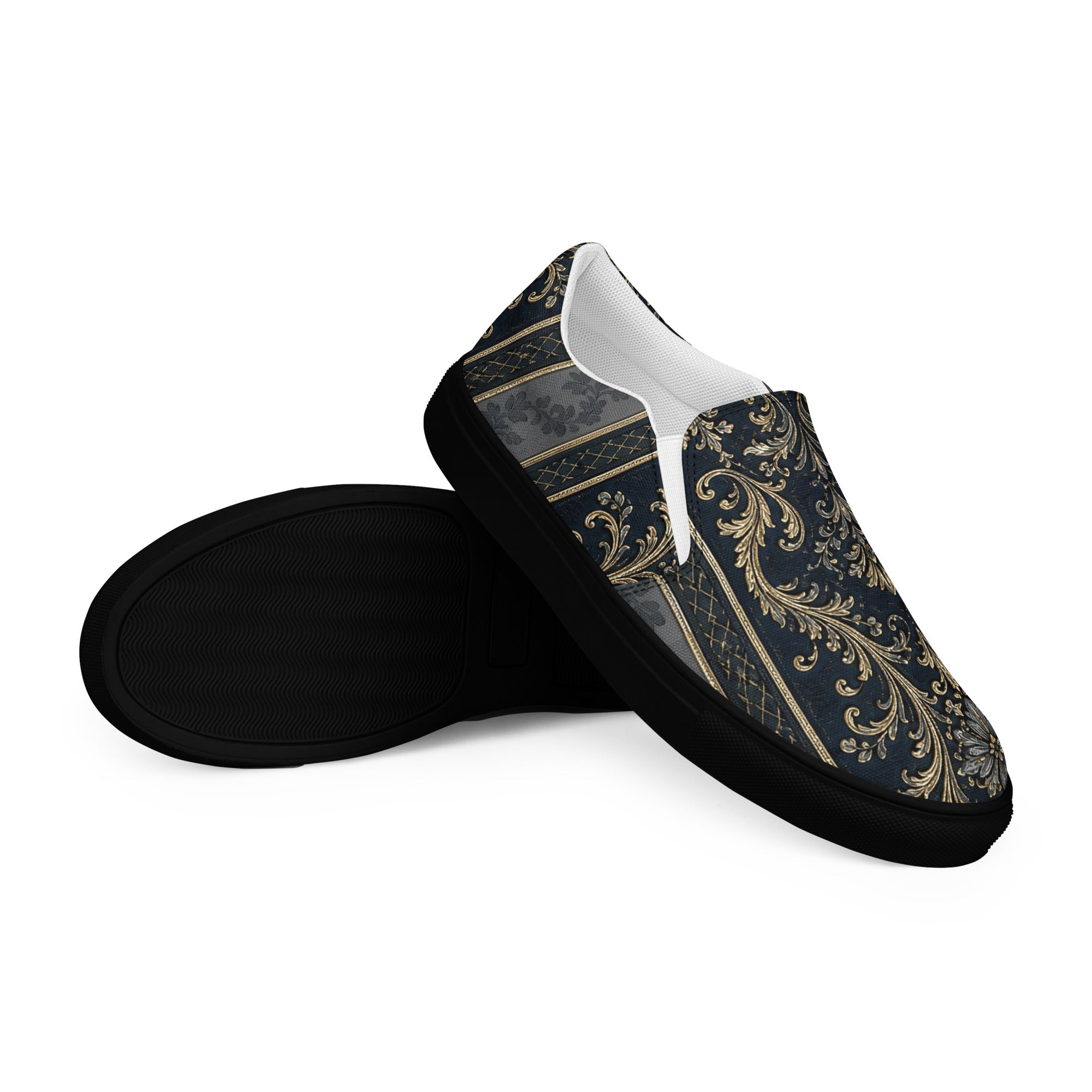 Men’s slip-on canvas shoes - Royal Midnight: Men’s Slip-On Canvas Shoes - Vintage Gold & Navy Baroque Art by printfluence.net