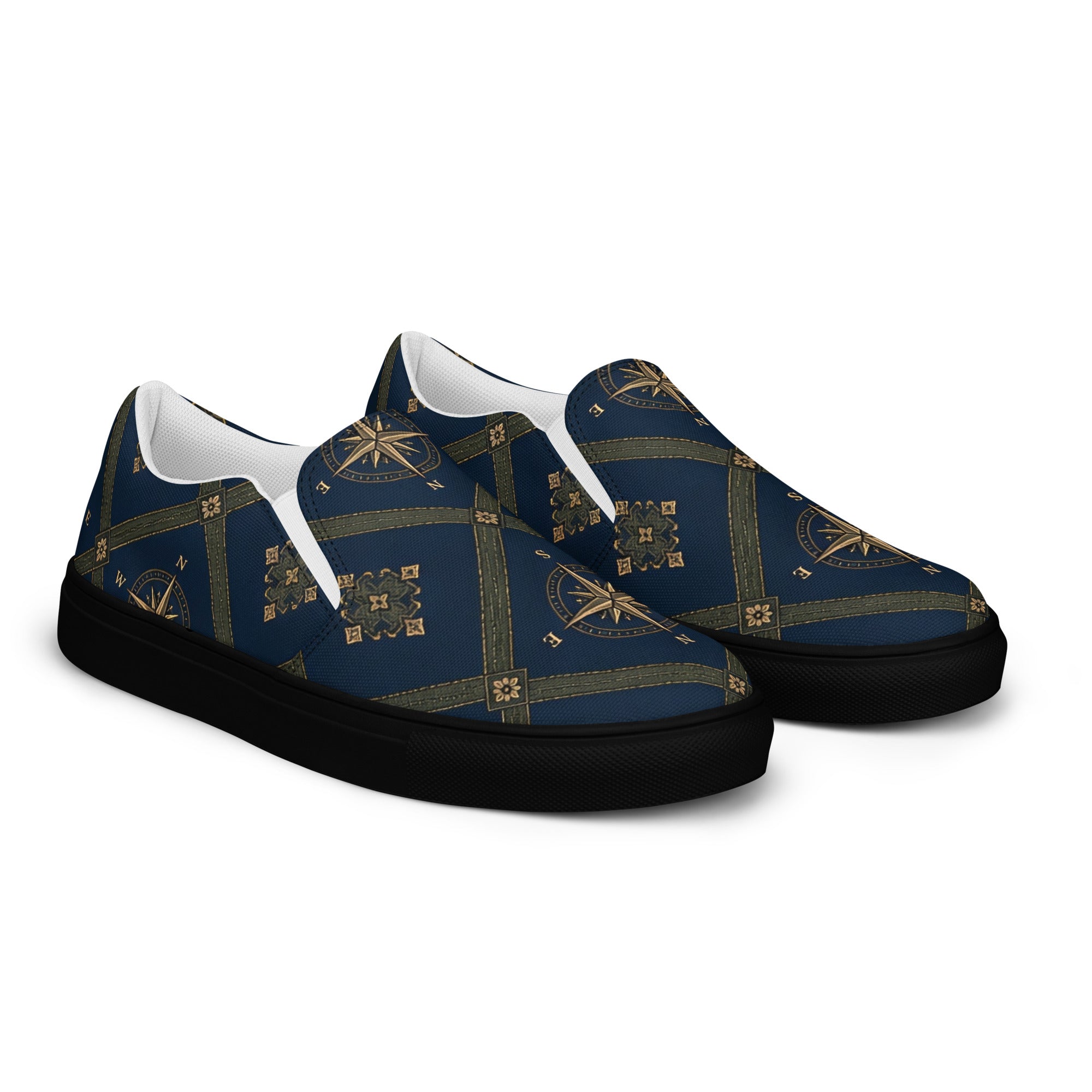 Men’s slip-on canvas shoes - Monochrome Majesty: Men’s Slip-On Canvas Shoes - Classic Black & White Paisley Art by printfluence.net