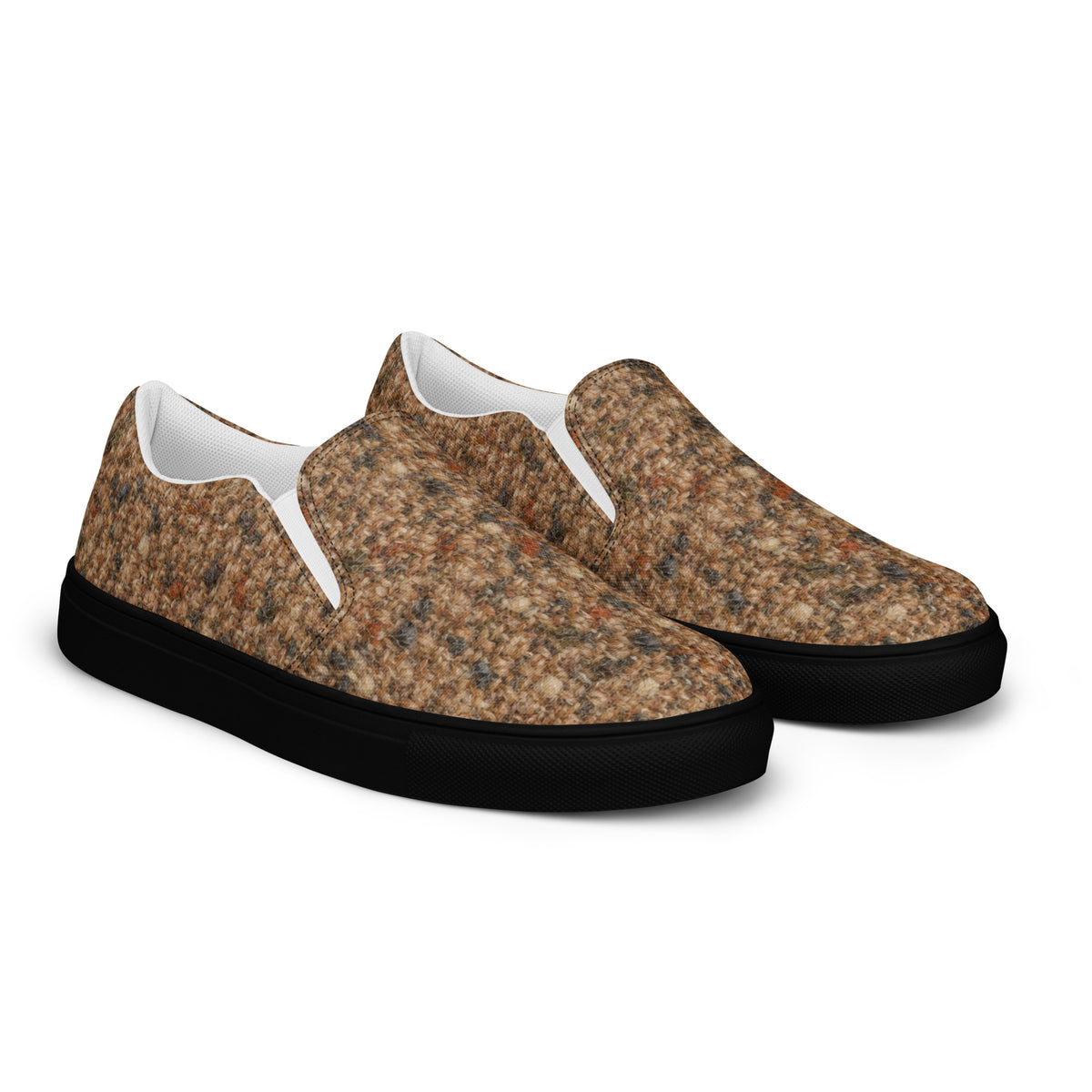 Heritage Bloom Lovers | Men’s Slip-On Canvas Shoes — Classic Brown Donegal Tweed Wool Textured Pattern by printfluence