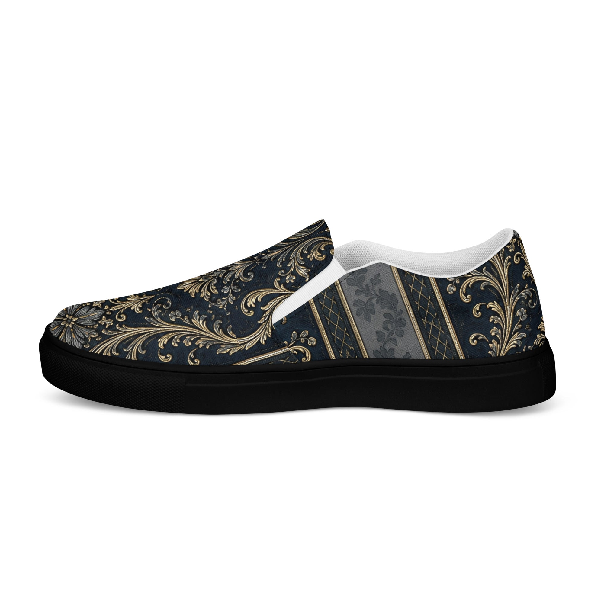 Men’s slip-on canvas shoes - Royal Midnight: Men’s Slip-On Canvas Shoes - Vintage Gold & Navy Baroque Art by printfluence.net