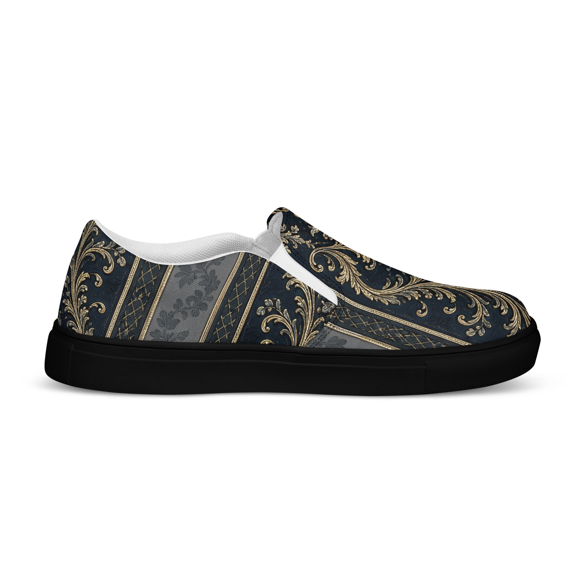 Men’s slip-on canvas shoes - Royal Midnight: Men’s Slip-On Canvas Shoes - Vintage Gold & Navy Baroque Art by printfluence.net