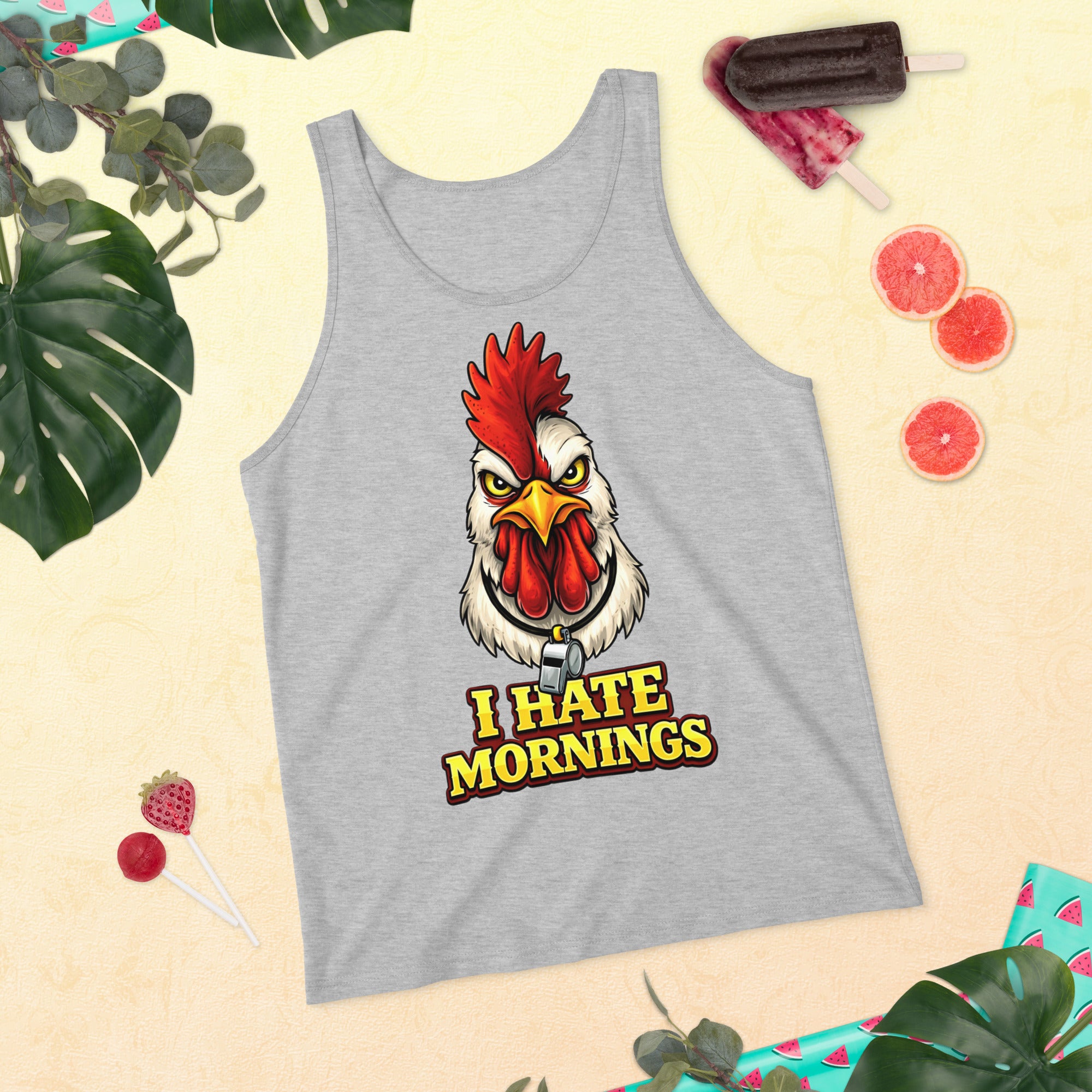 Men's Tank Top - Angry Rooster "I Hate Mornings" Funny Sarcastic Men's Staple Tank Top by printfluence.net