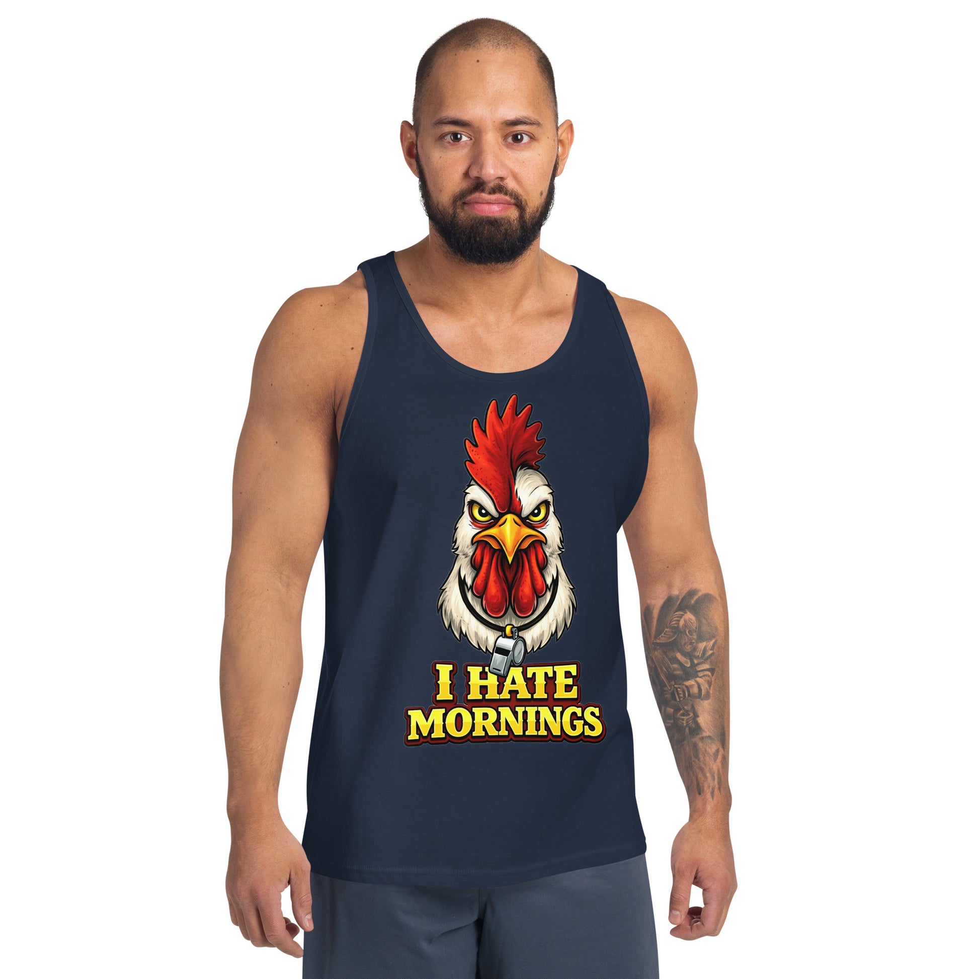 Men's Tank Top - Angry Rooster "I Hate Mornings" Funny Sarcastic Men's Staple Tank Top by printfluence.net