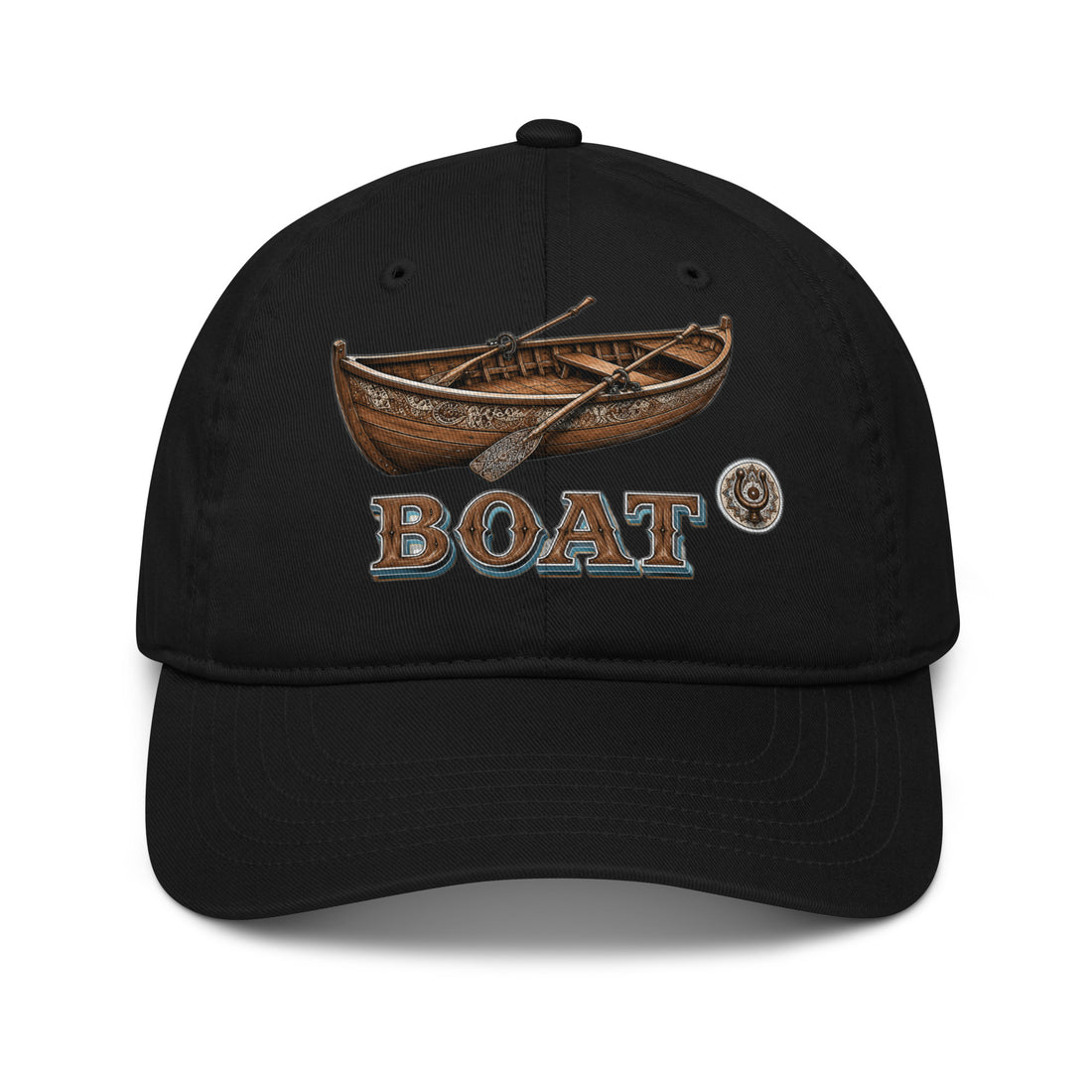 Fishing Lovers 100% Organic Cotton Dad Hat with Vintage Wooden Rowboat and "BOAT" Design by printfluence.net