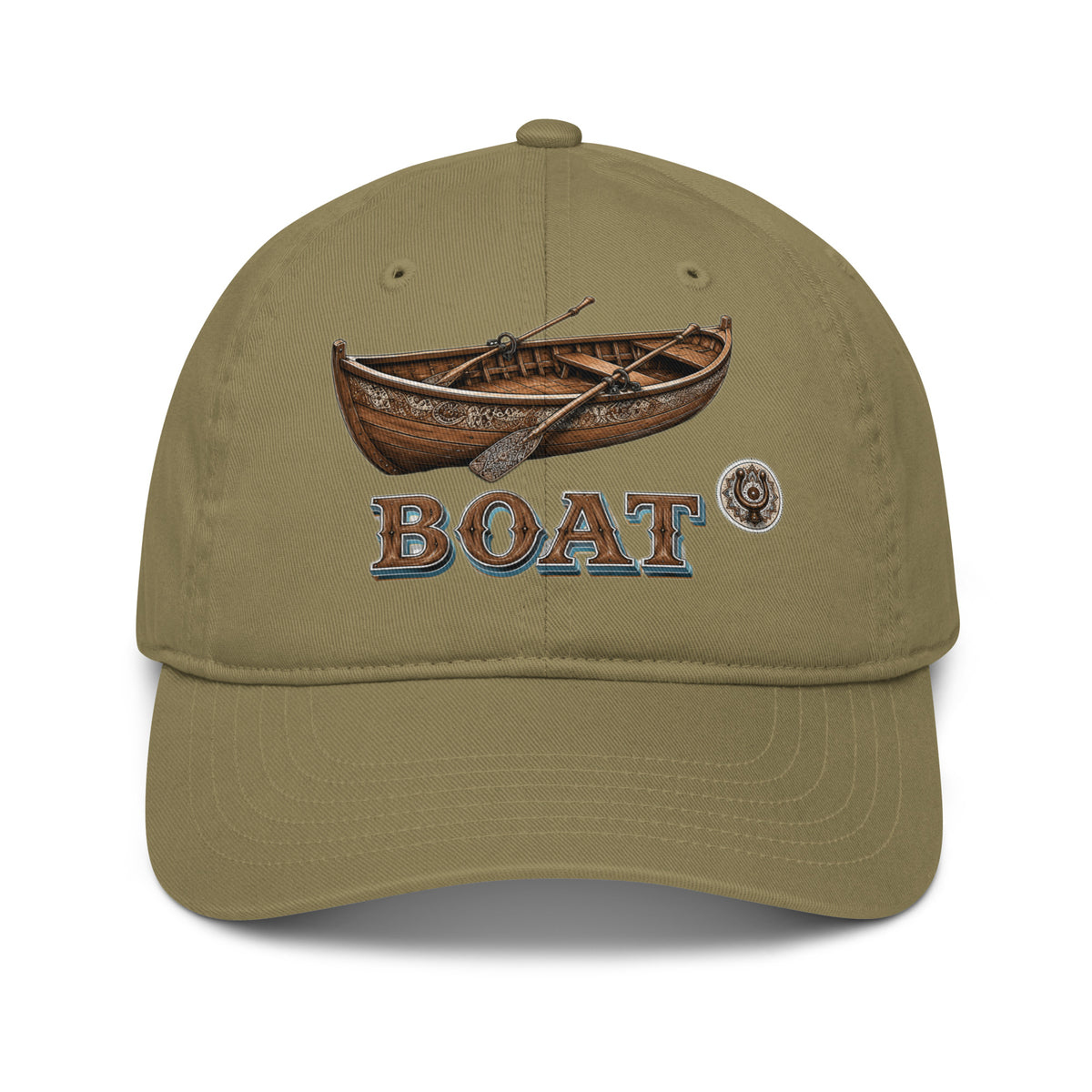 Fishing Lovers 100% Organic Cotton Dad Hat with Vintage Wooden Rowboat and "BOAT" Design by printfluence.net
