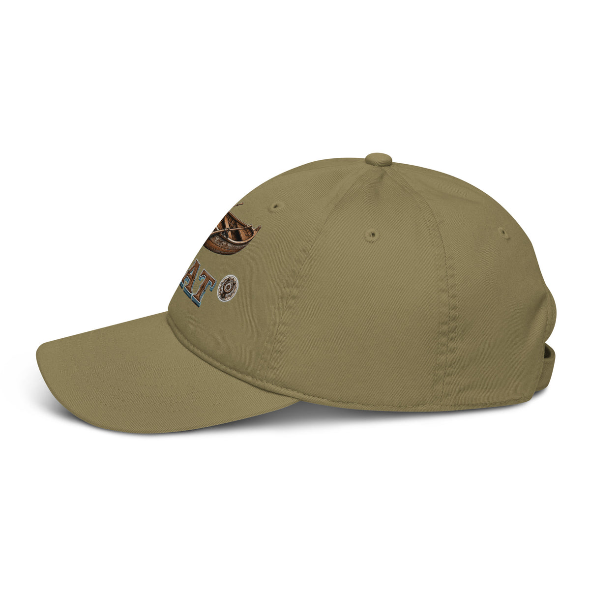 Fishing Lovers 100% Organic Cotton Dad Hat with Vintage Wooden Rowboat and "BOAT" Design by printfluence.net