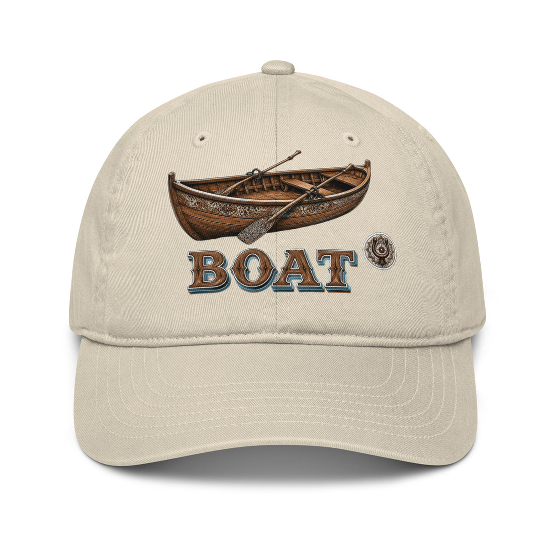 Fishing Lovers 100% Organic Cotton Dad Hat with Vintage Wooden Rowboat and "BOAT" Design by printfluence.net