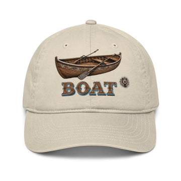 Fishing Lovers 100% Organic Cotton Dad Hat with Vintage Wooden Rowboat and "BOAT" Design by printfluence.net