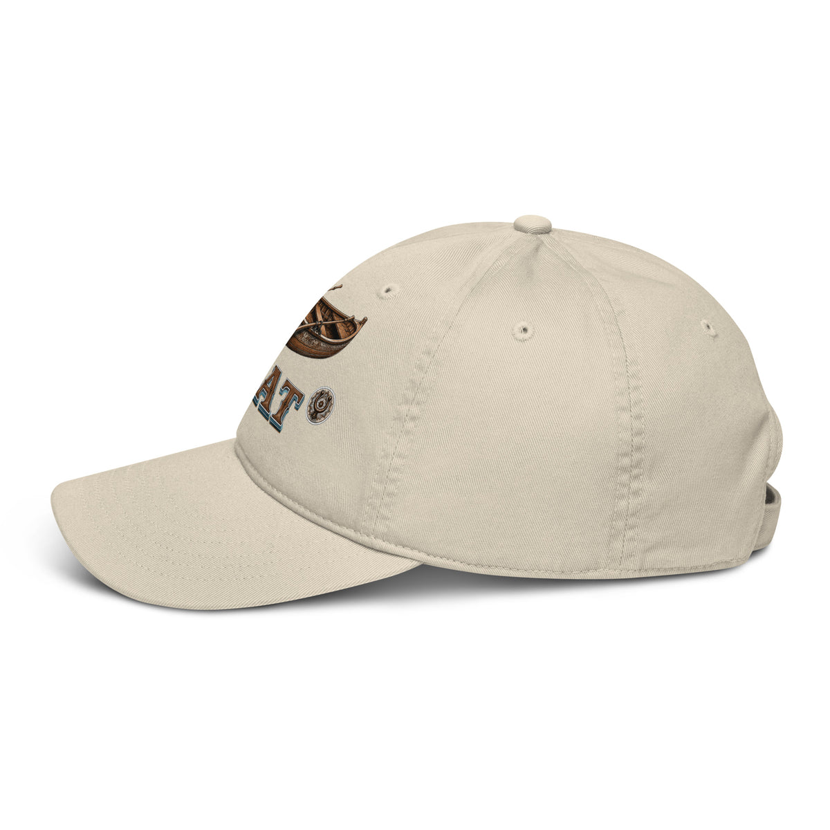 Fishing Lovers 100% Organic Cotton Dad Hat with Vintage Wooden Rowboat and "BOAT" Design by printfluence.net