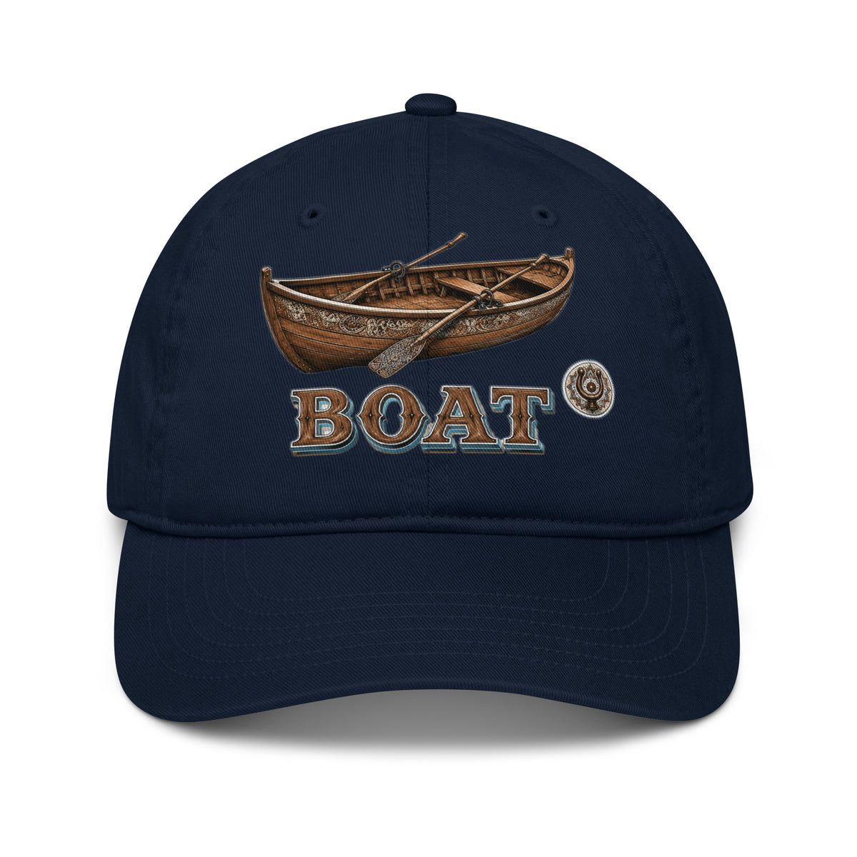 Fishing Lovers 100% Organic Cotton Dad Hat with Vintage Wooden Rowboat and "BOAT" Design by printfluence.net