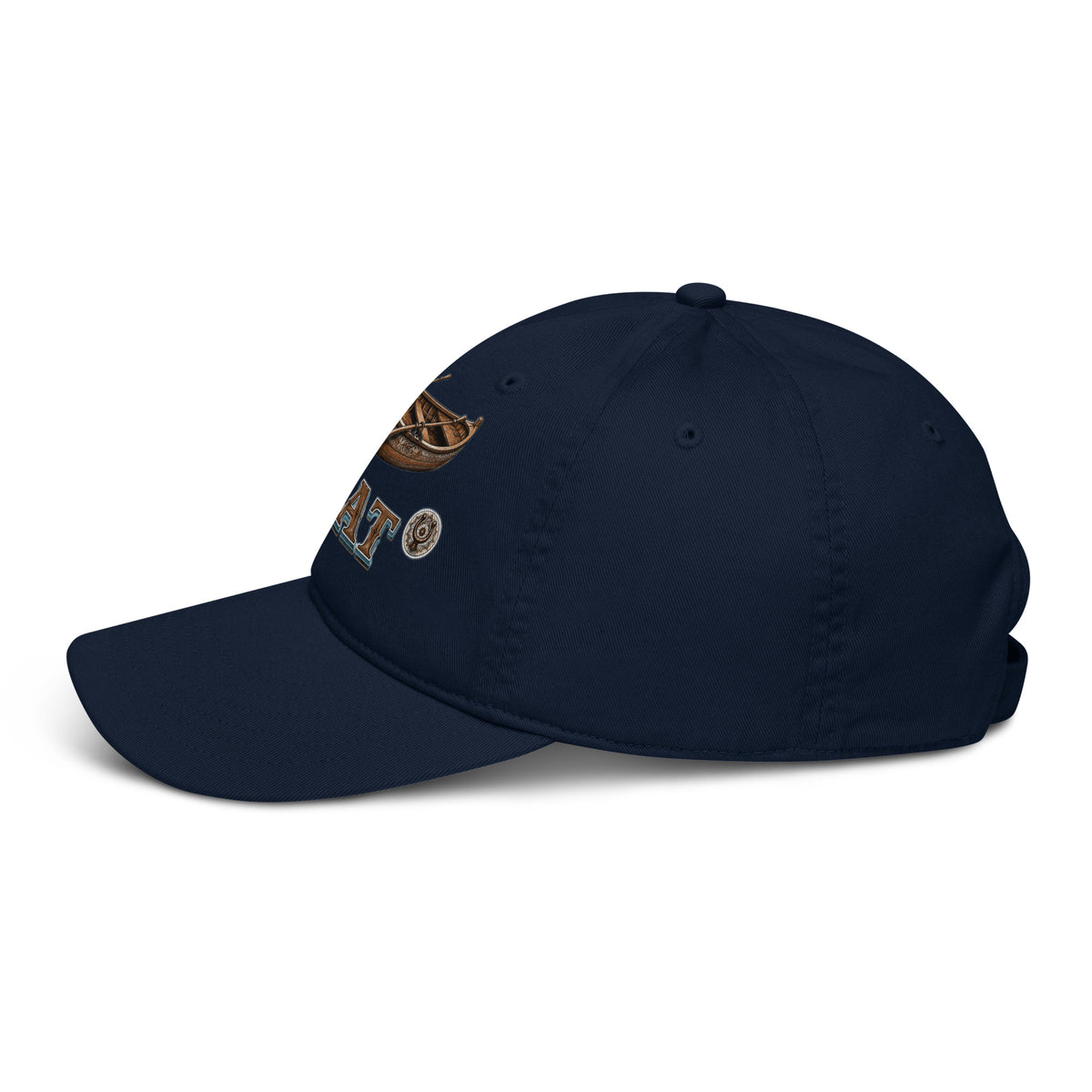 Fishing Lovers 100% Organic Cotton Dad Hat with Vintage Wooden Rowboat and "BOAT" Design by printfluence.net