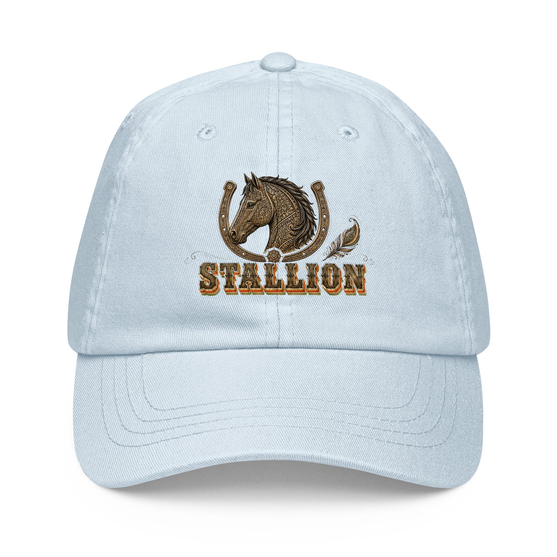 Horse Lovers Pastel Baseball Hat Stallion – Ornate Horseshoe & Majestic Equine Embroidered Cap by printfluence.net