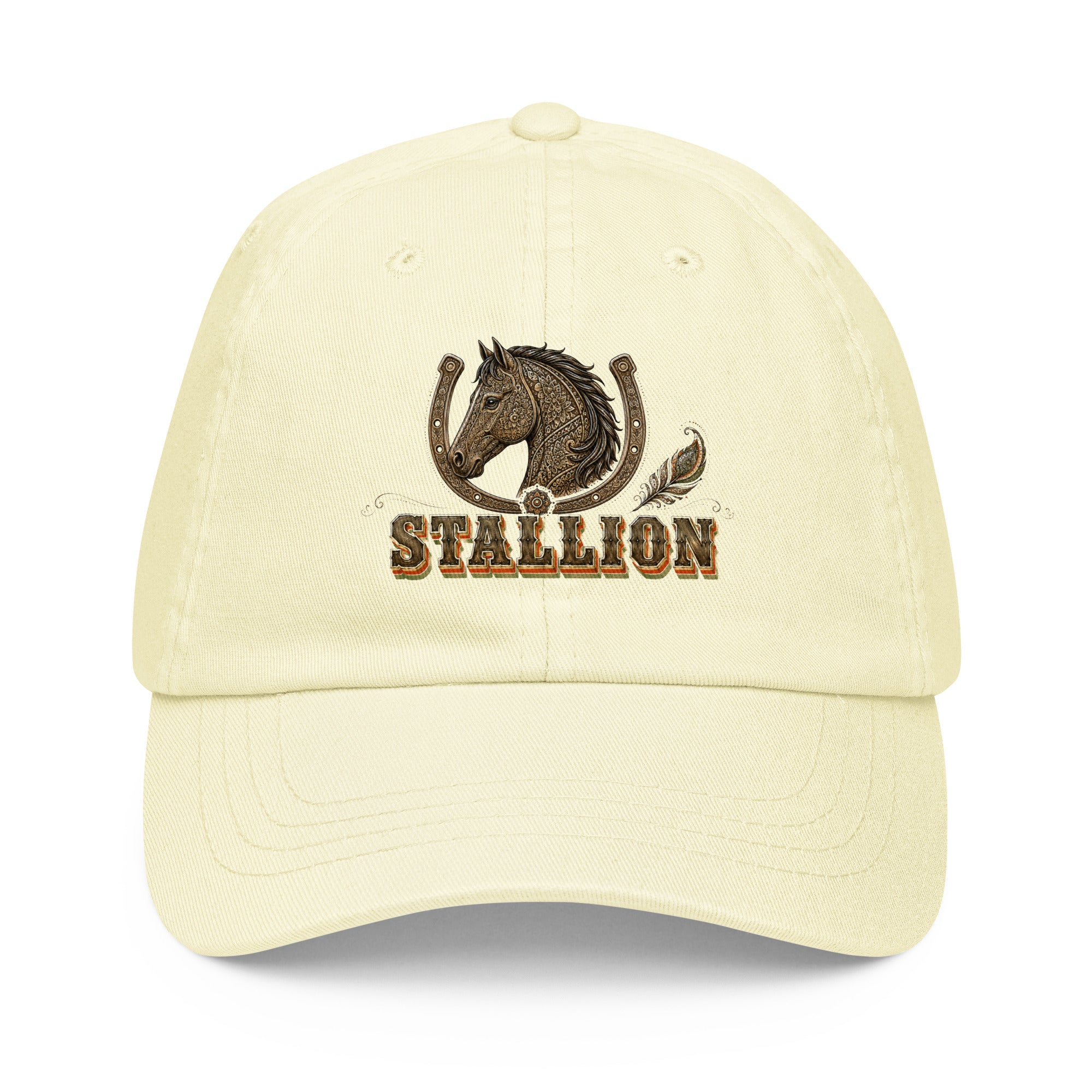 Horse Lovers Pastel Baseball Hat Stallion – Ornate Horseshoe & Majestic Equine Embroidered Cap by printfluence.net