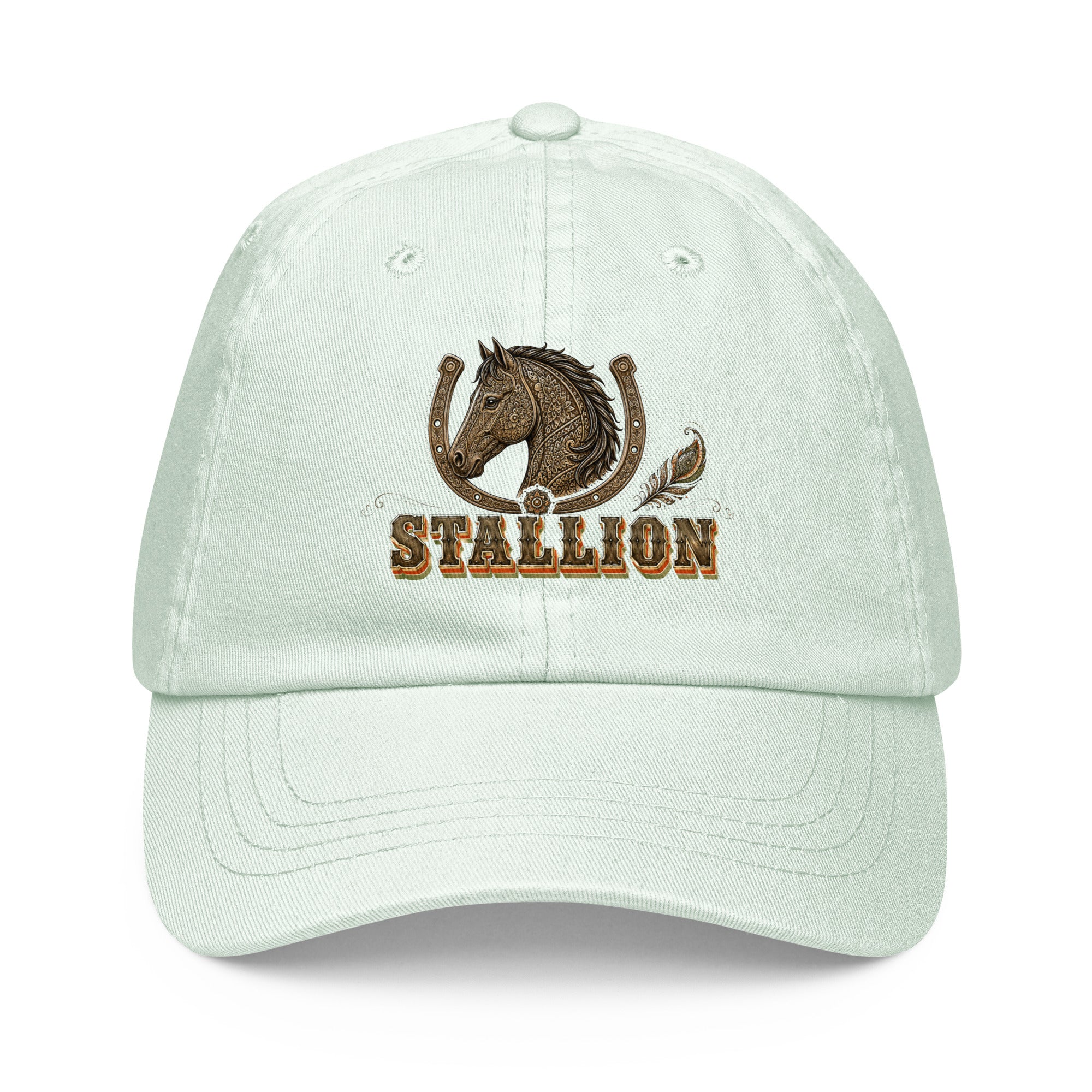 Horse Lovers Pastel Baseball Hat Stallion – Ornate Horseshoe & Majestic Equine Embroidered Cap by printfluence.net