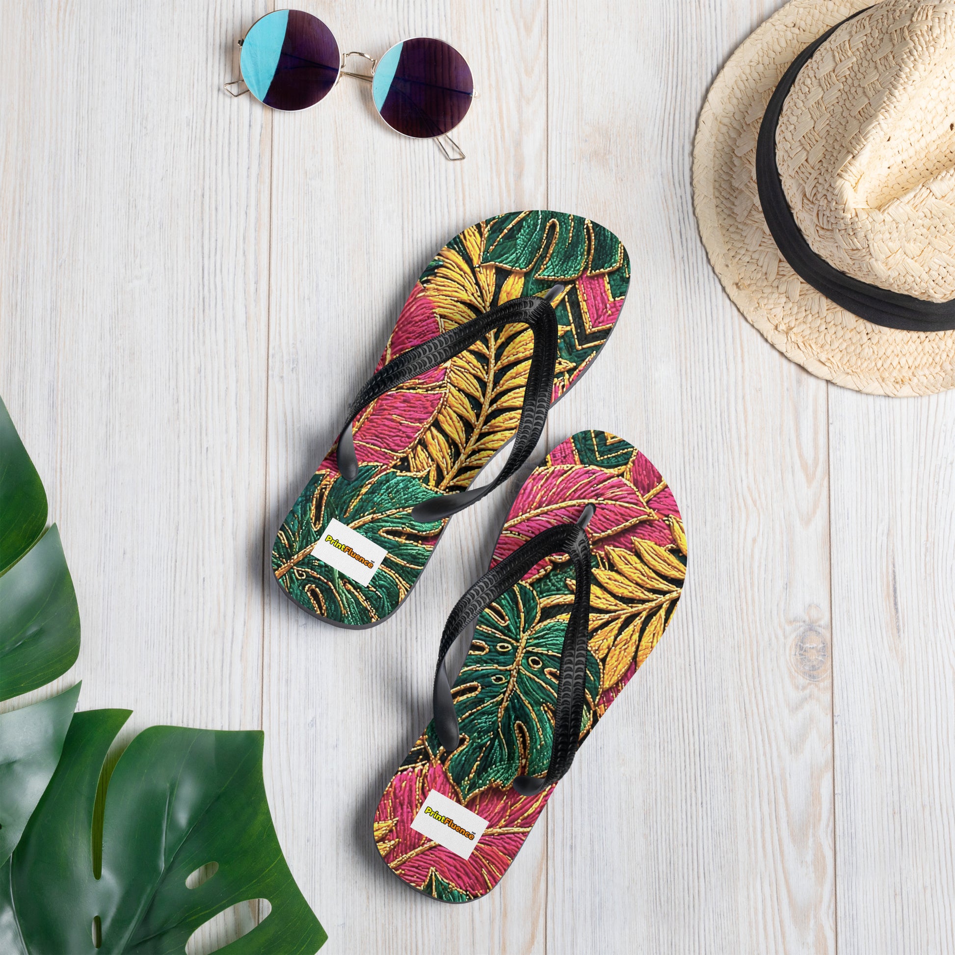 Flip-Flops - Tropical Paradise: Premium Sublimation Flip Flops - Vibrant Exotic Leaf Art by printfluence.net