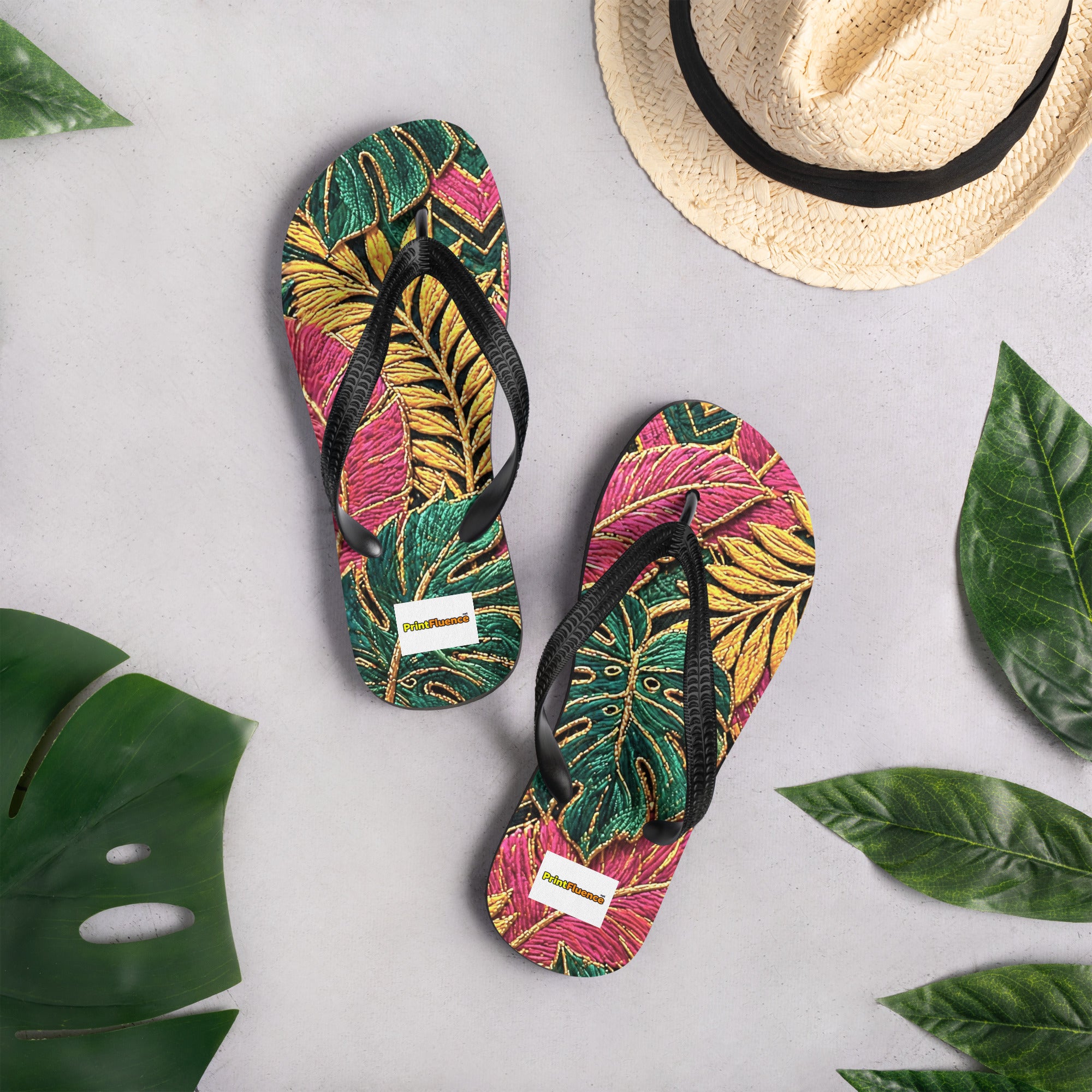 Flip-Flops - Tropical Paradise: Premium Sublimation Flip Flops - Vibrant Exotic Leaf Art by printfluence.net