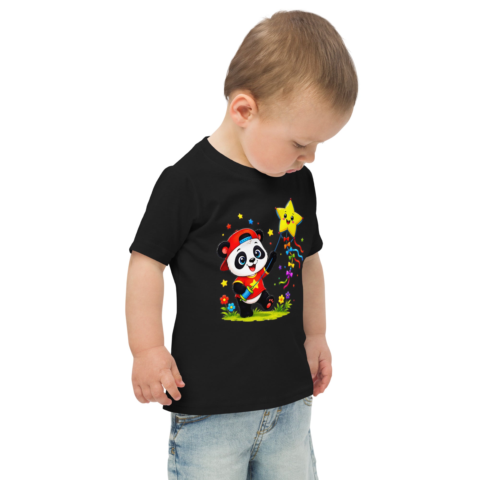 Toddler jersey t-shirt - Cute Panda Kite Flyer Toddler Jersey T-Shirt – Little Star Adventurer Kids Tee by printfluence.net