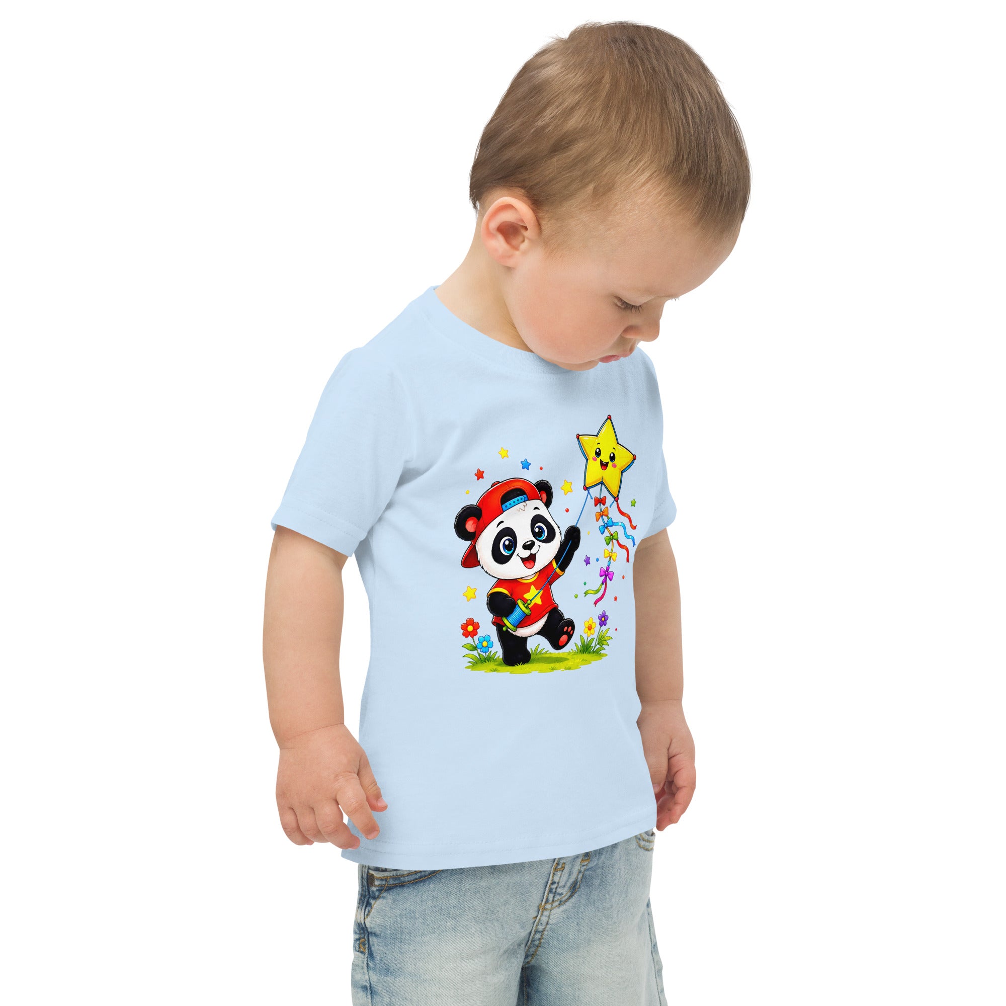 Toddler jersey t-shirt - Cute Panda Kite Flyer Toddler Jersey T-Shirt – Little Star Adventurer Kids Tee by printfluence.net