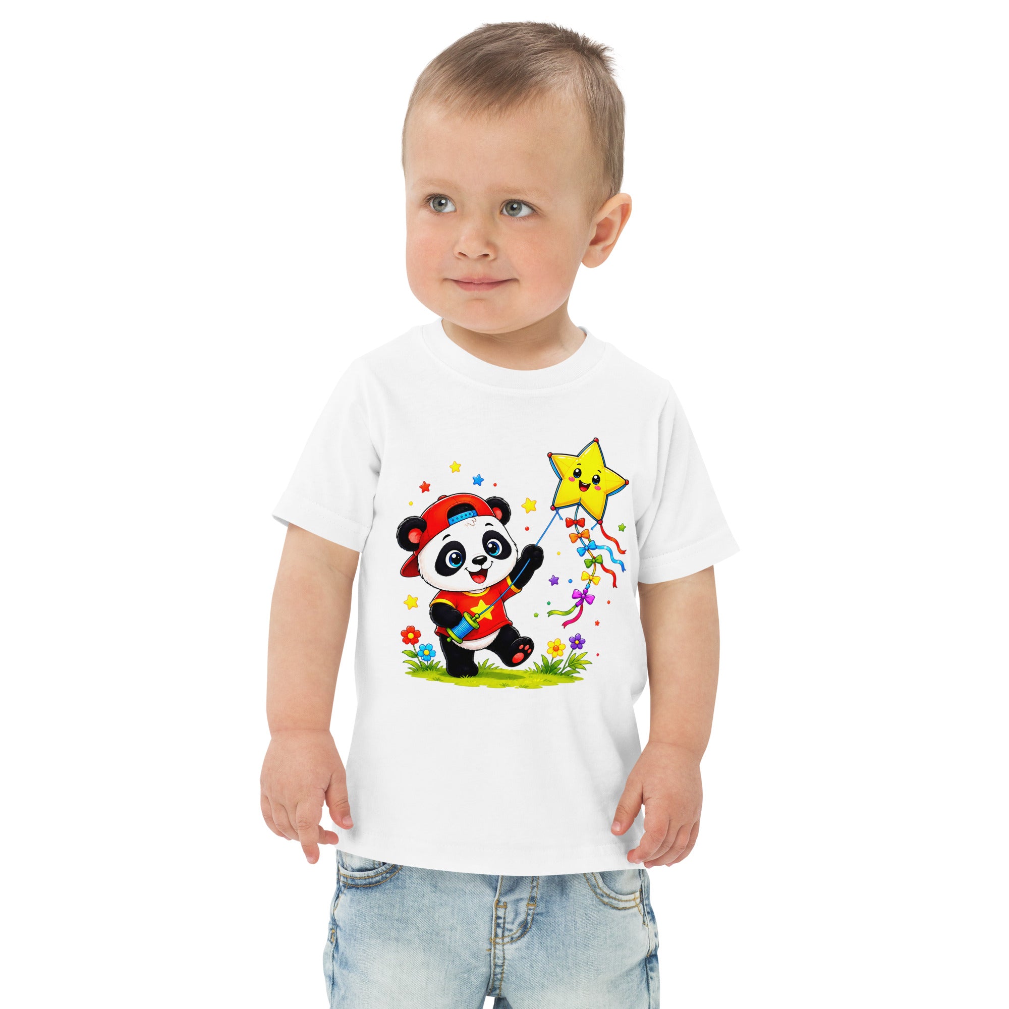 Toddler jersey t-shirt - Cute Panda Kite Flyer Toddler Jersey T-Shirt – Little Star Adventurer Kids Tee by printfluence.net