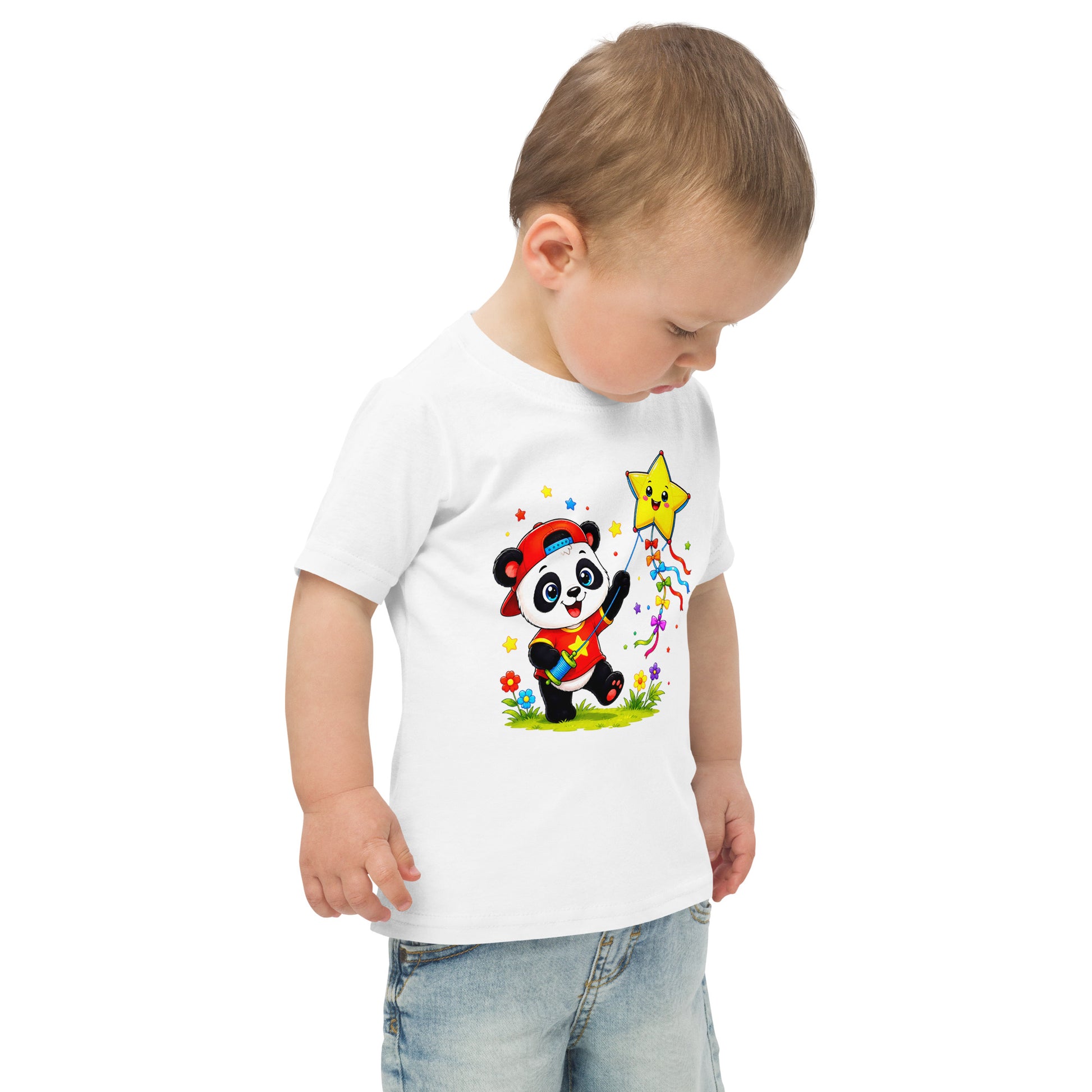 Toddler jersey t-shirt - Cute Panda Kite Flyer Toddler Jersey T-Shirt – Little Star Adventurer Kids Tee by printfluence.net