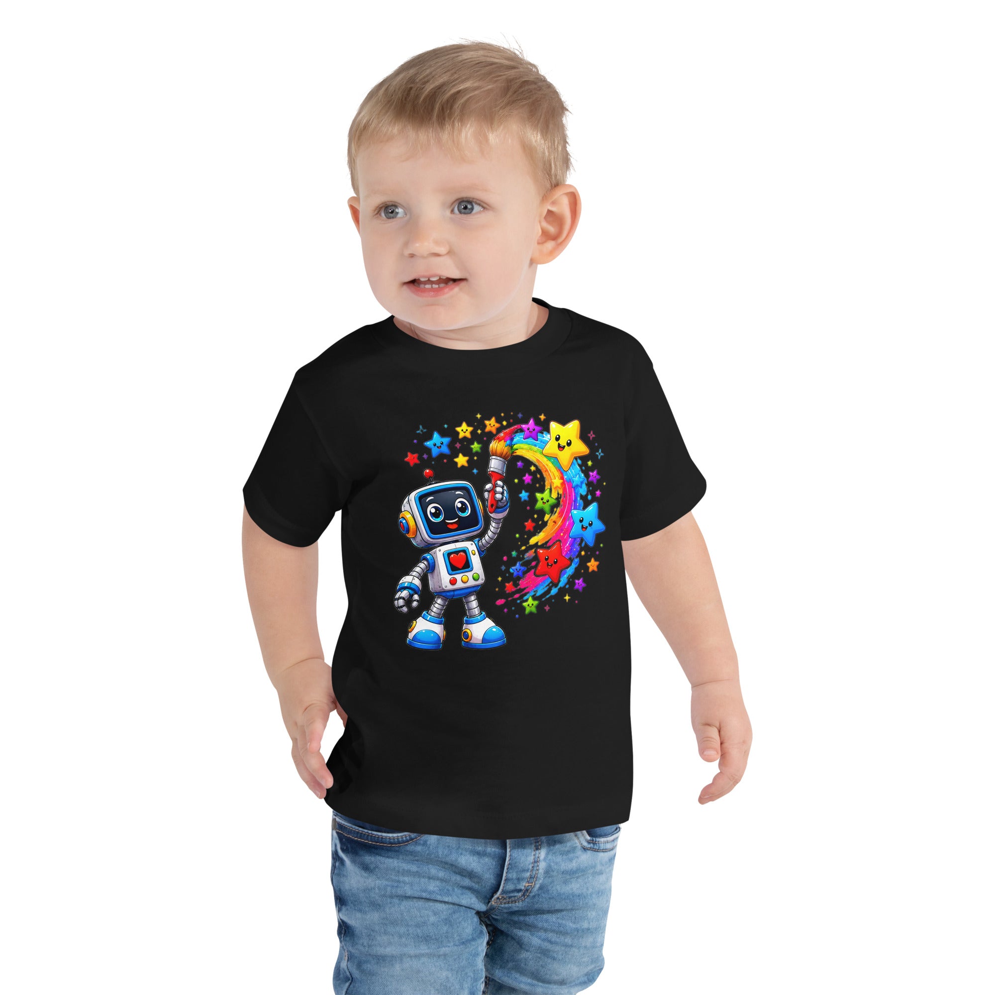 Toddler Short Sleeve Tee - Cute Artist Robot Rainbow Stars Toddler Tee – Colorful Little Creator Kids T-Shirt by printfluence.net