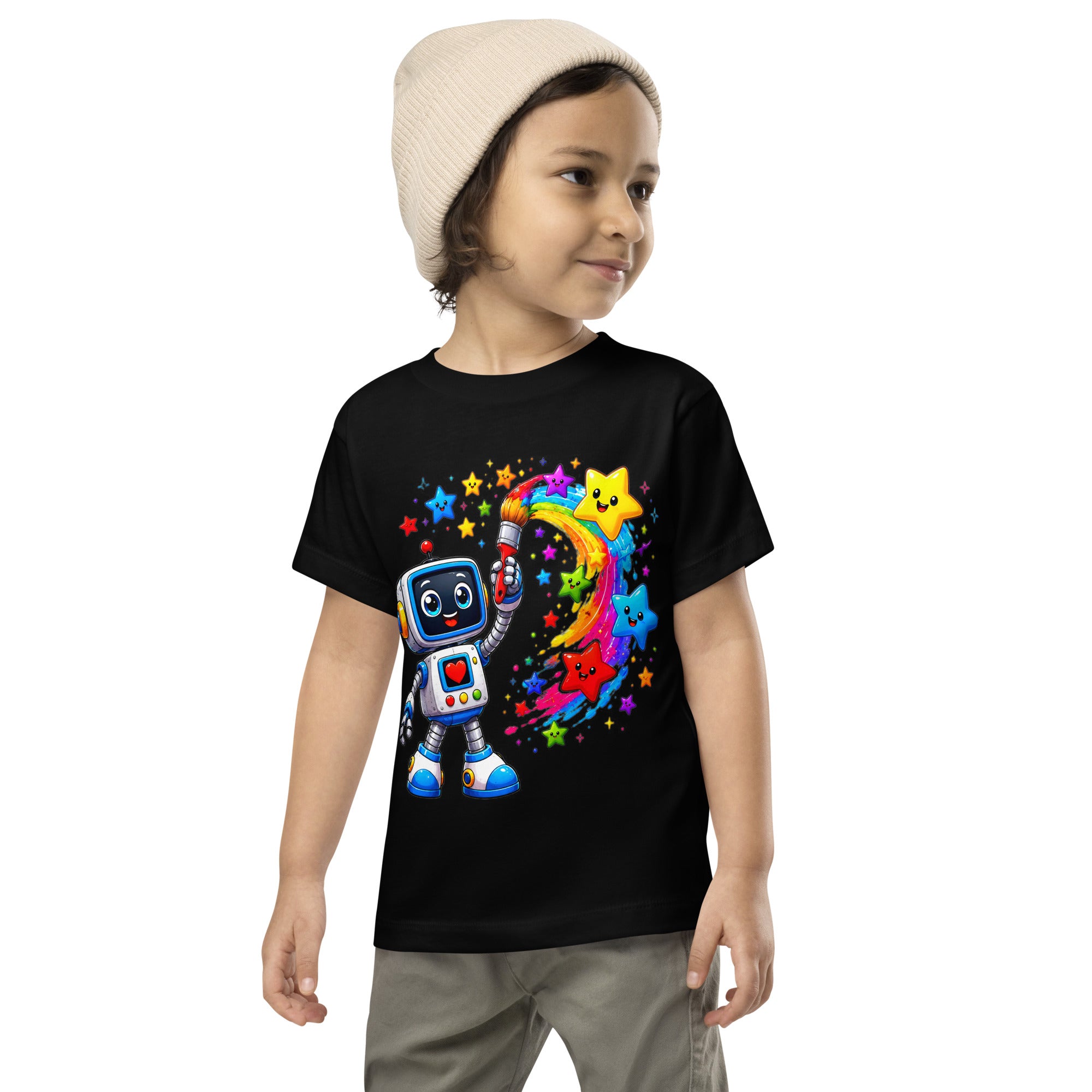 Toddler Short Sleeve Tee - Cute Artist Robot Rainbow Stars Toddler Tee – Colorful Little Creator Kids T-Shirt by printfluence.net